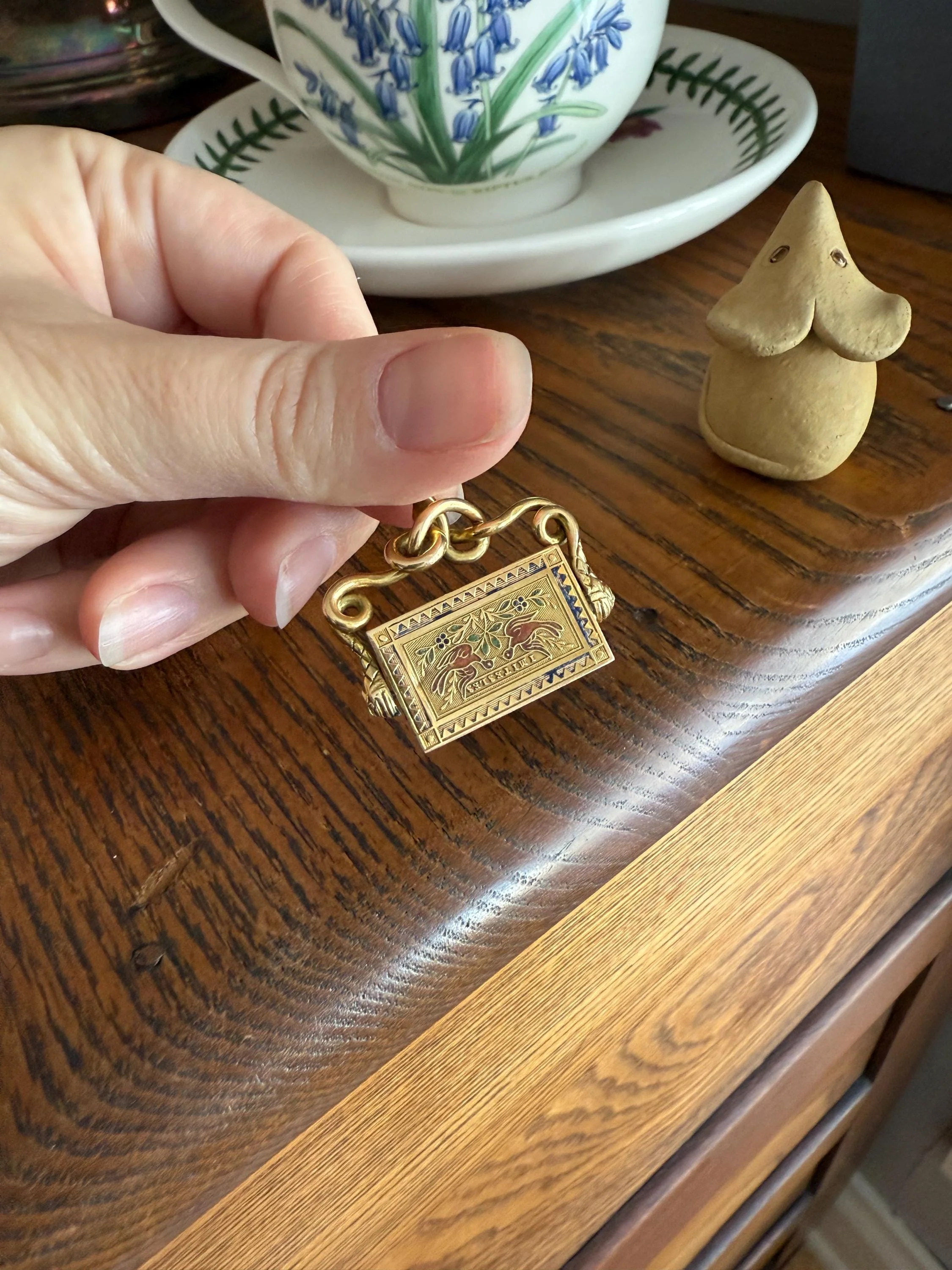 Antique SNAKE "Imitate the BIRDS" Floral Pansy Reversible Fob Pendant Heavy 7.3g 18k Gold French Traditional Enamel Coiled Two Heads - Image 16