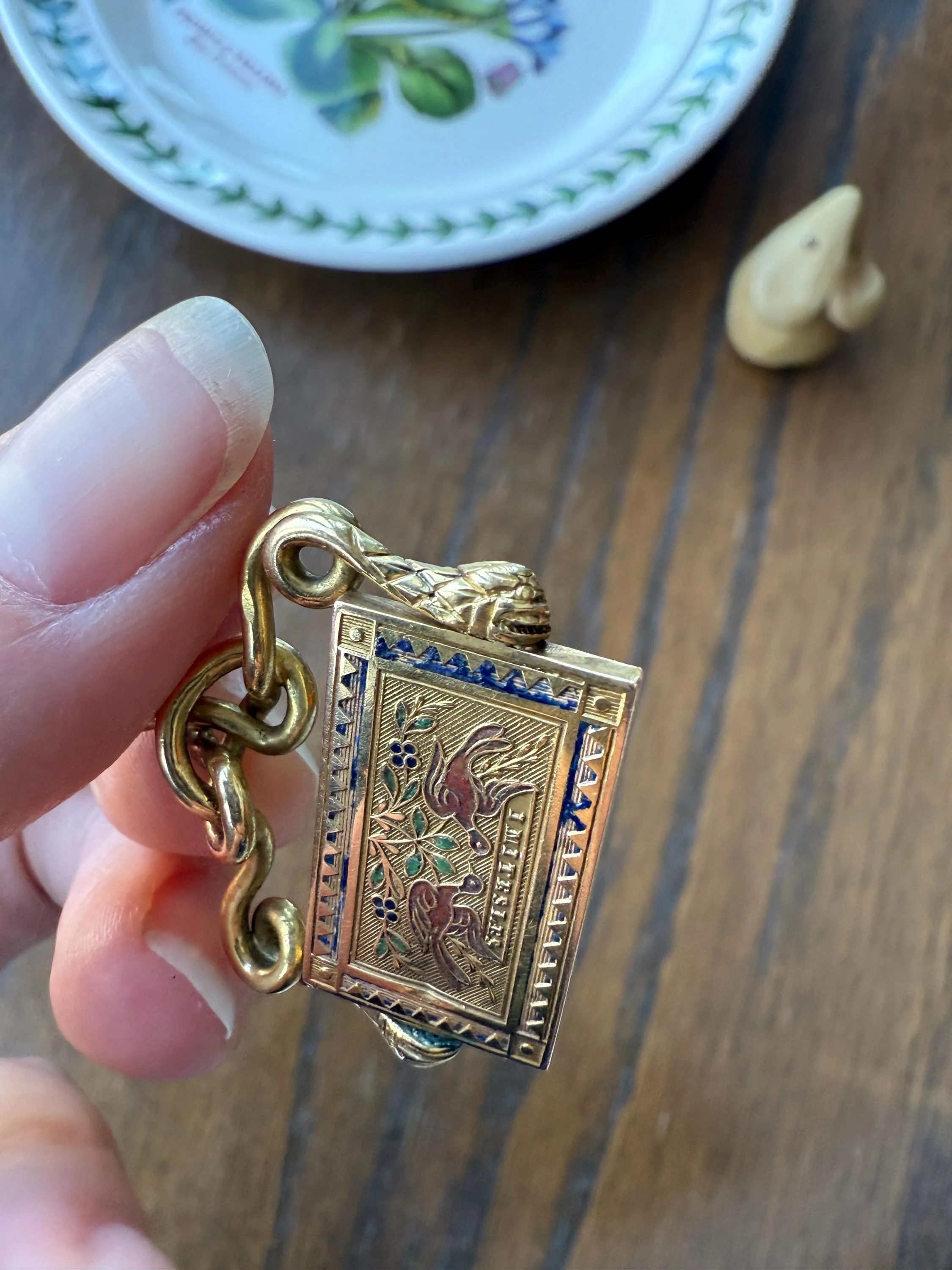 Antique SNAKE "Imitate the BIRDS" Floral Pansy Reversible Fob Pendant Heavy 7.3g 18k Gold French Traditional Enamel Coiled Two Heads - Image 19