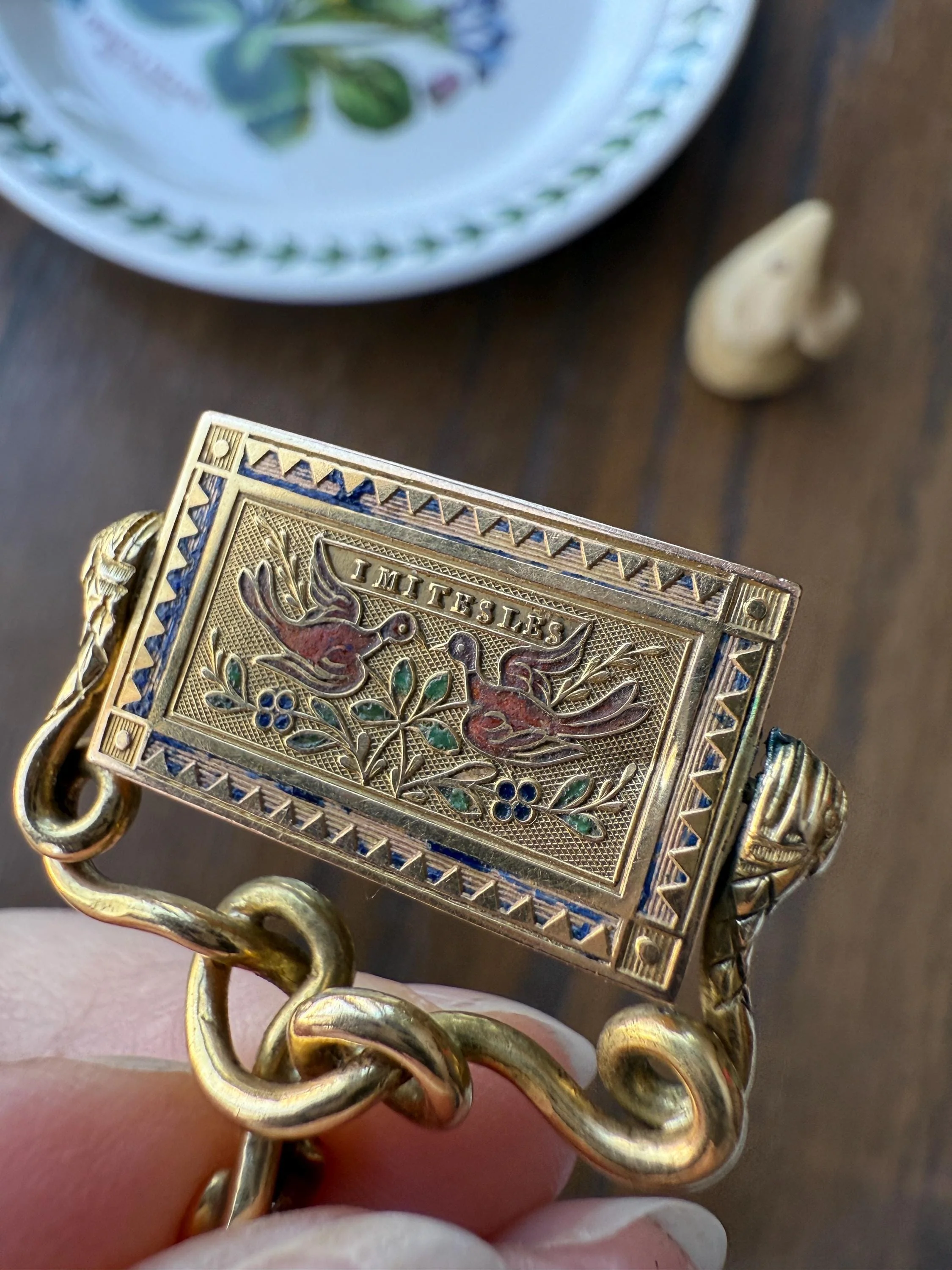 Antique SNAKE "Imitate the BIRDS" Floral Pansy Reversible Fob Pendant Heavy 7.3g 18k Gold French Traditional Enamel Coiled Two Heads - Image 2