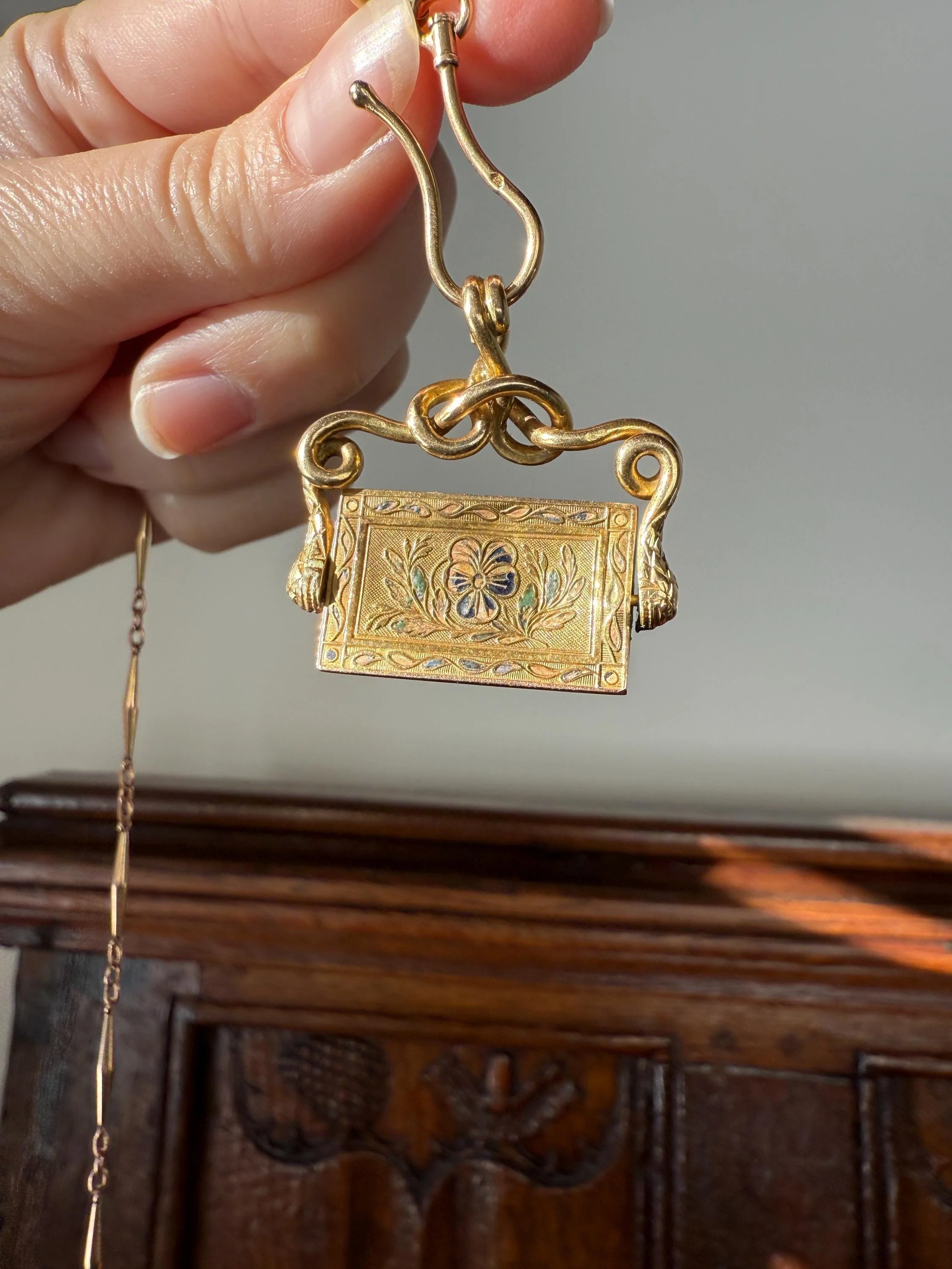 Antique SNAKE "Imitate the BIRDS" Floral Pansy Reversible Fob Pendant Heavy 7.3g 18k Gold French Traditional Enamel Coiled Two Heads - Image 3