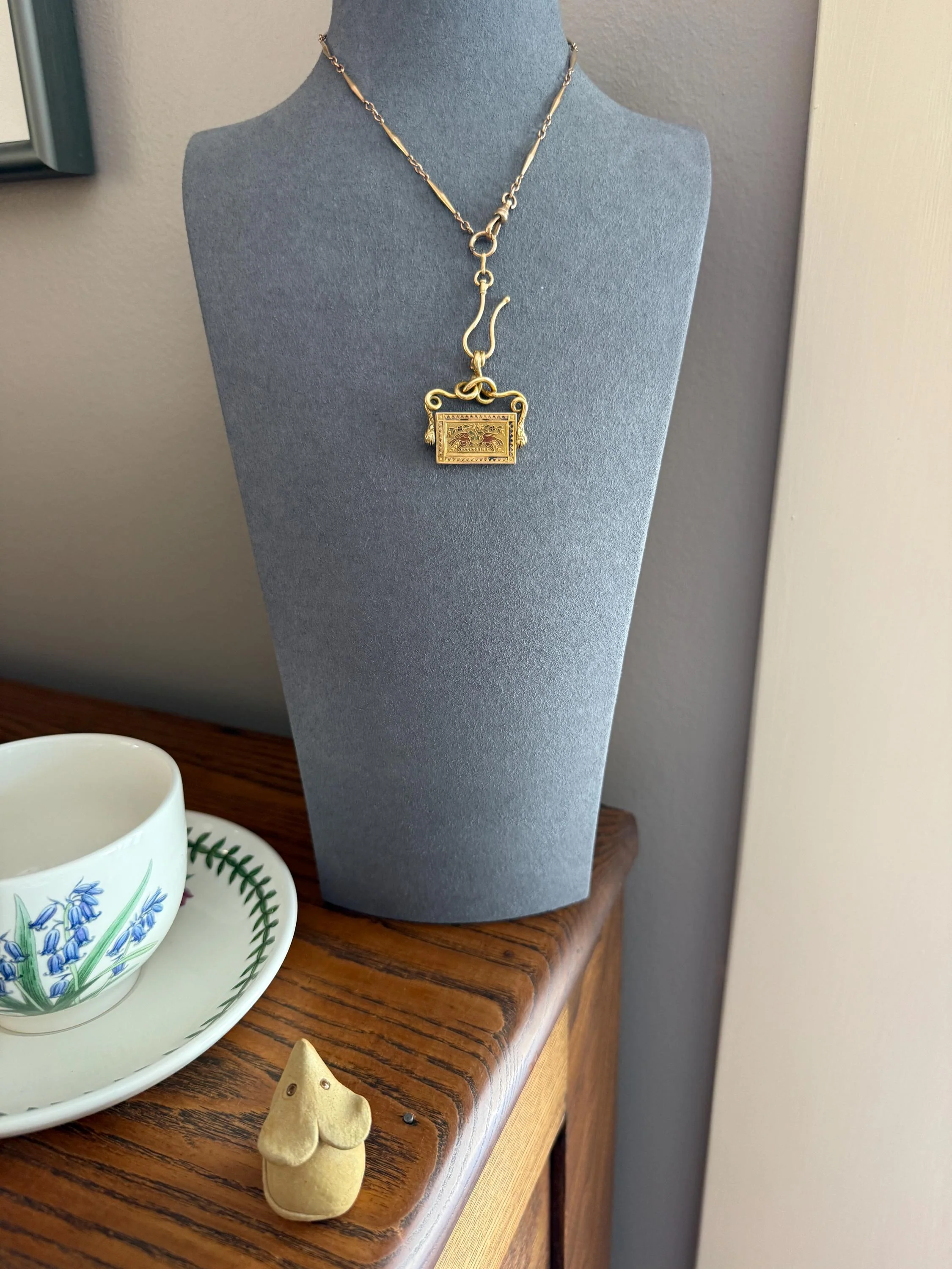 Antique SNAKE "Imitate the BIRDS" Floral Pansy Reversible Fob Pendant Heavy 7.3g 18k Gold French Traditional Enamel Coiled Two Heads - Image 5