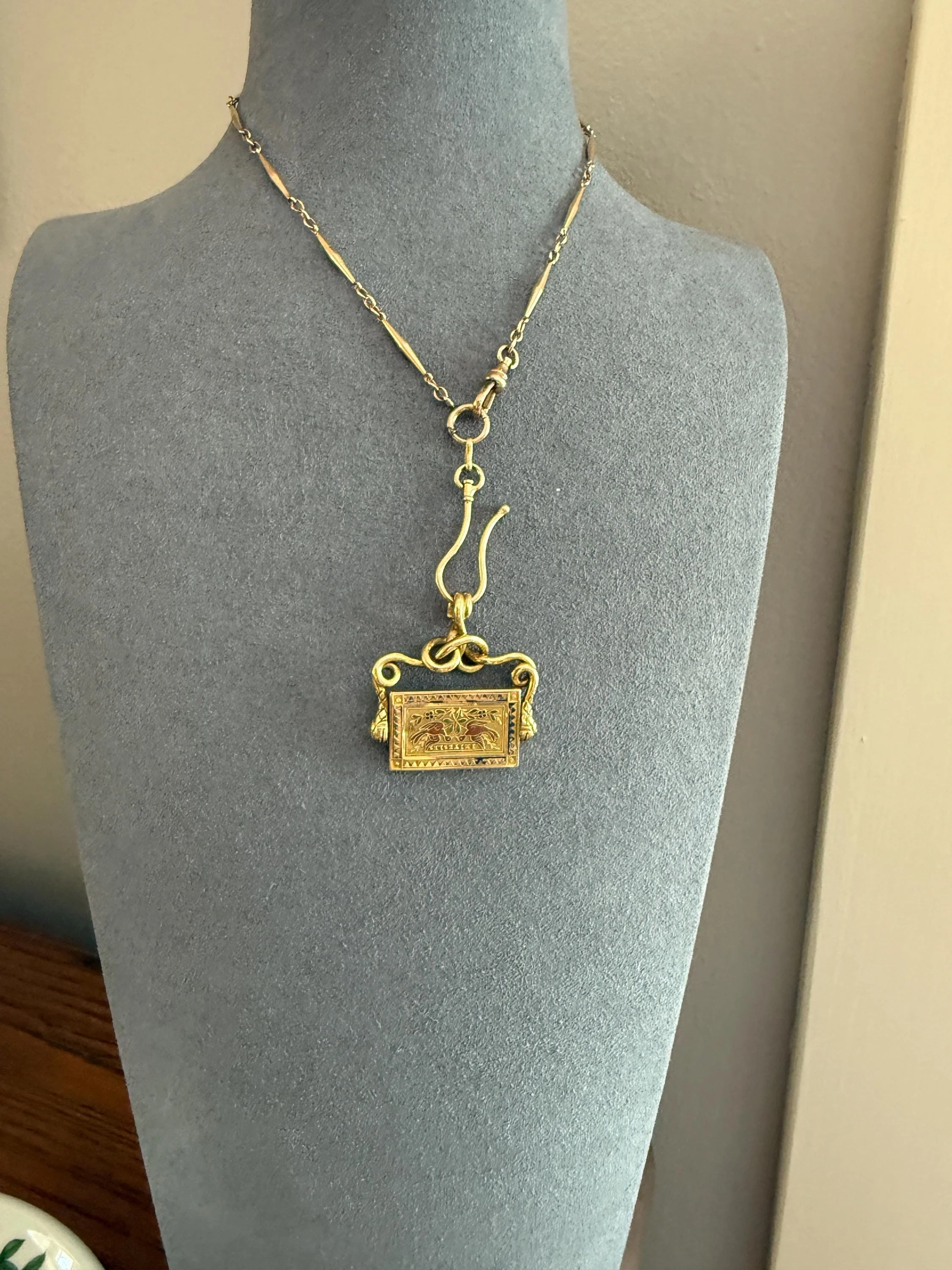 Antique SNAKE "Imitate the BIRDS" Floral Pansy Reversible Fob Pendant Heavy 7.3g 18k Gold French Traditional Enamel Coiled Two Heads - Image 7