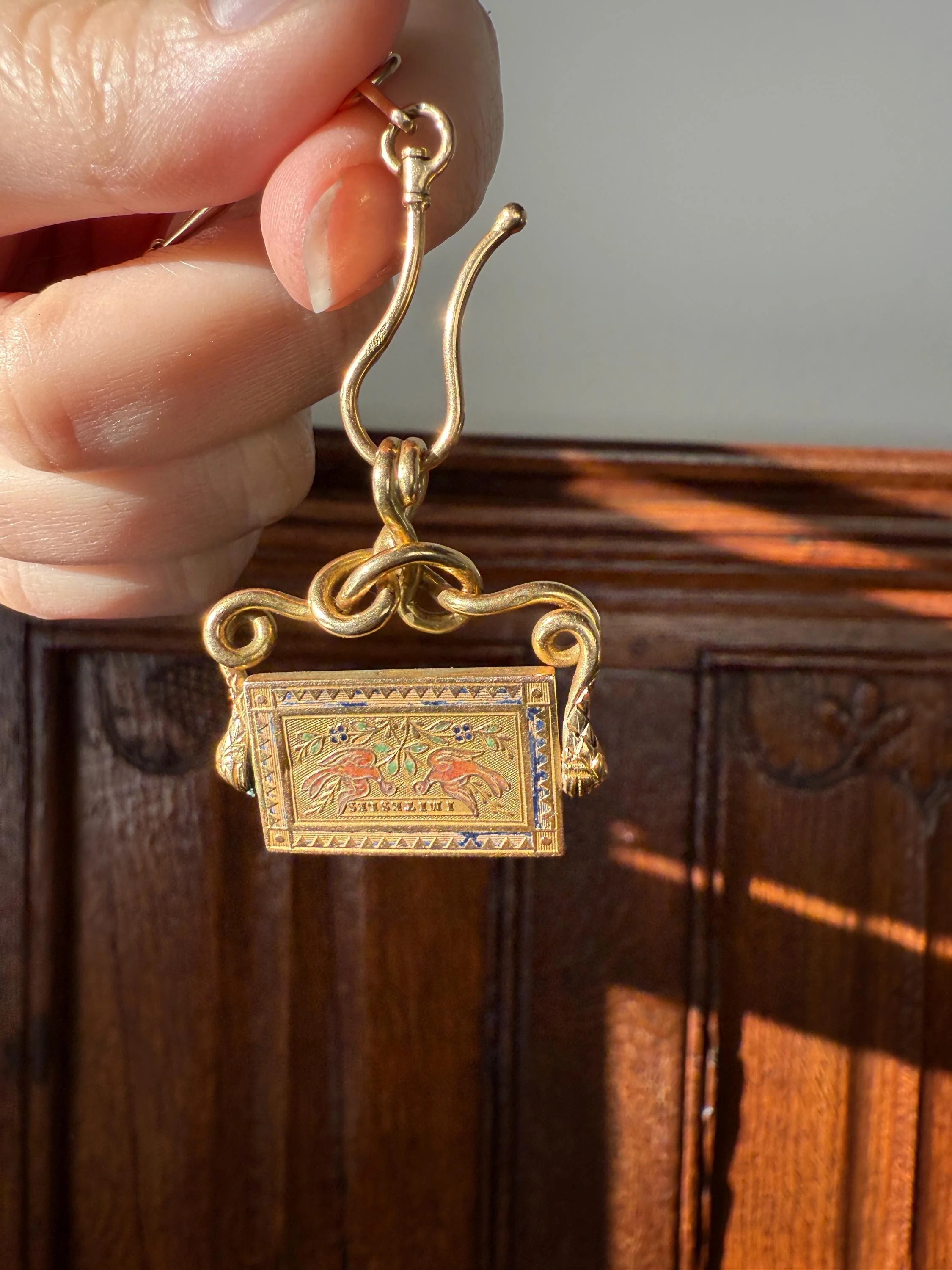 Antique SNAKE "Imitate the BIRDS" Floral Pansy Reversible Fob Pendant Heavy 7.3g 18k Gold French Traditional Enamel Coiled Two Heads - Image 8