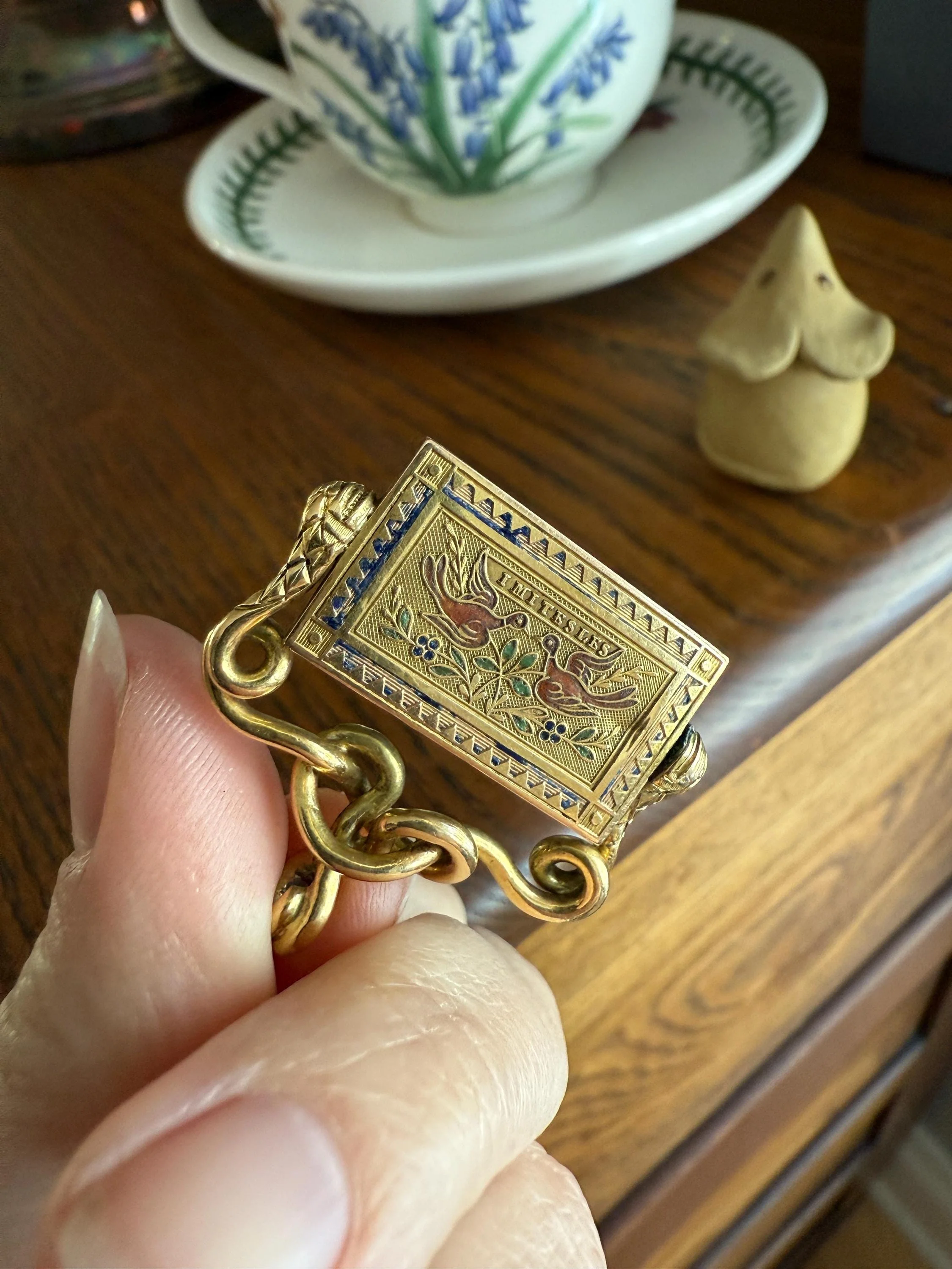 Antique SNAKE "Imitate the BIRDS" Floral Pansy Reversible Fob Pendant Heavy 7.3g 18k Gold French Traditional Enamel Coiled Two Heads - Image 9
