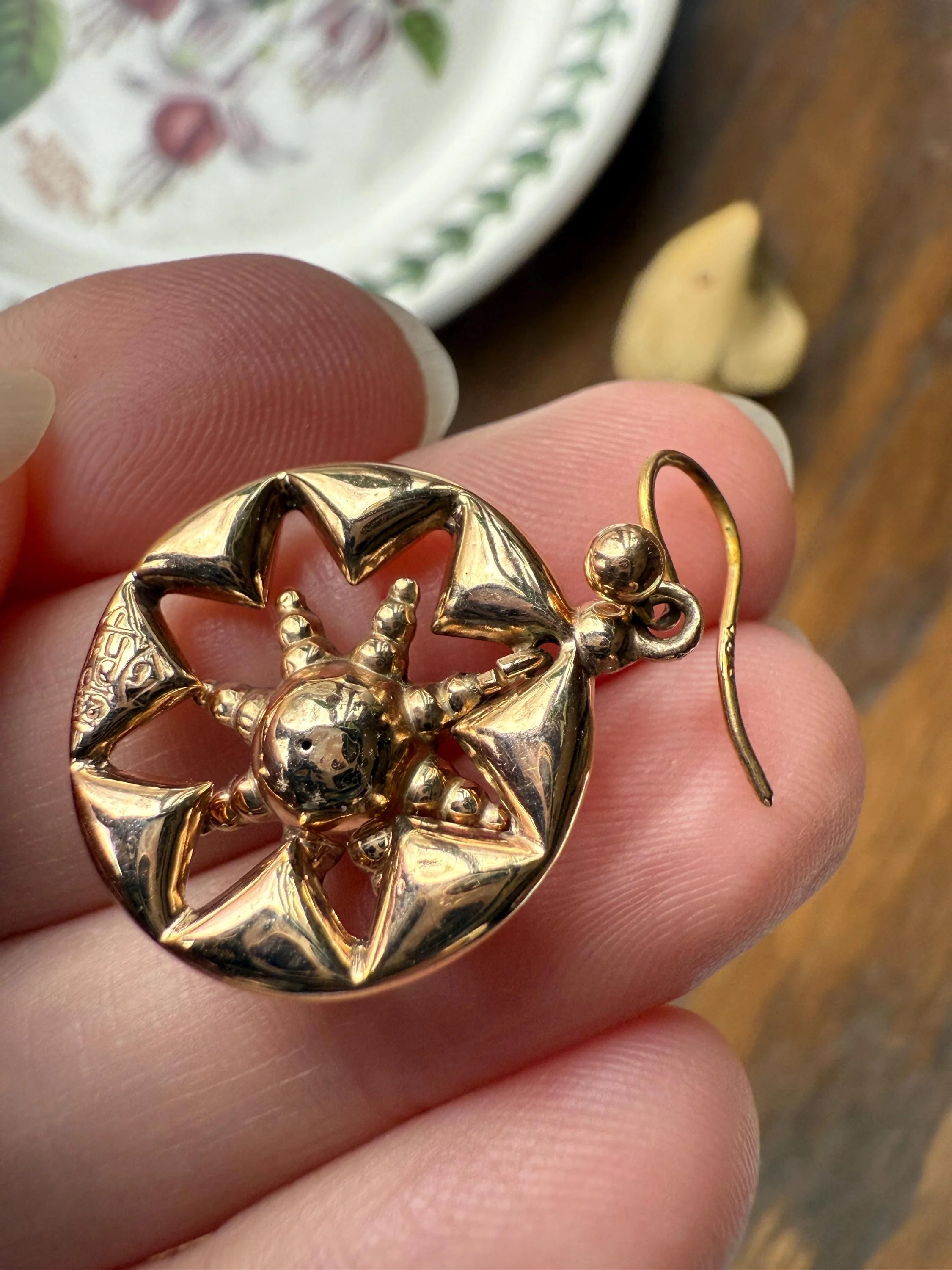 Antique STAR Sunburst 1800s Puffy Starburst 3D Victorian 9k GOLD EARRINGS Figural Ball Rivet - Image 8