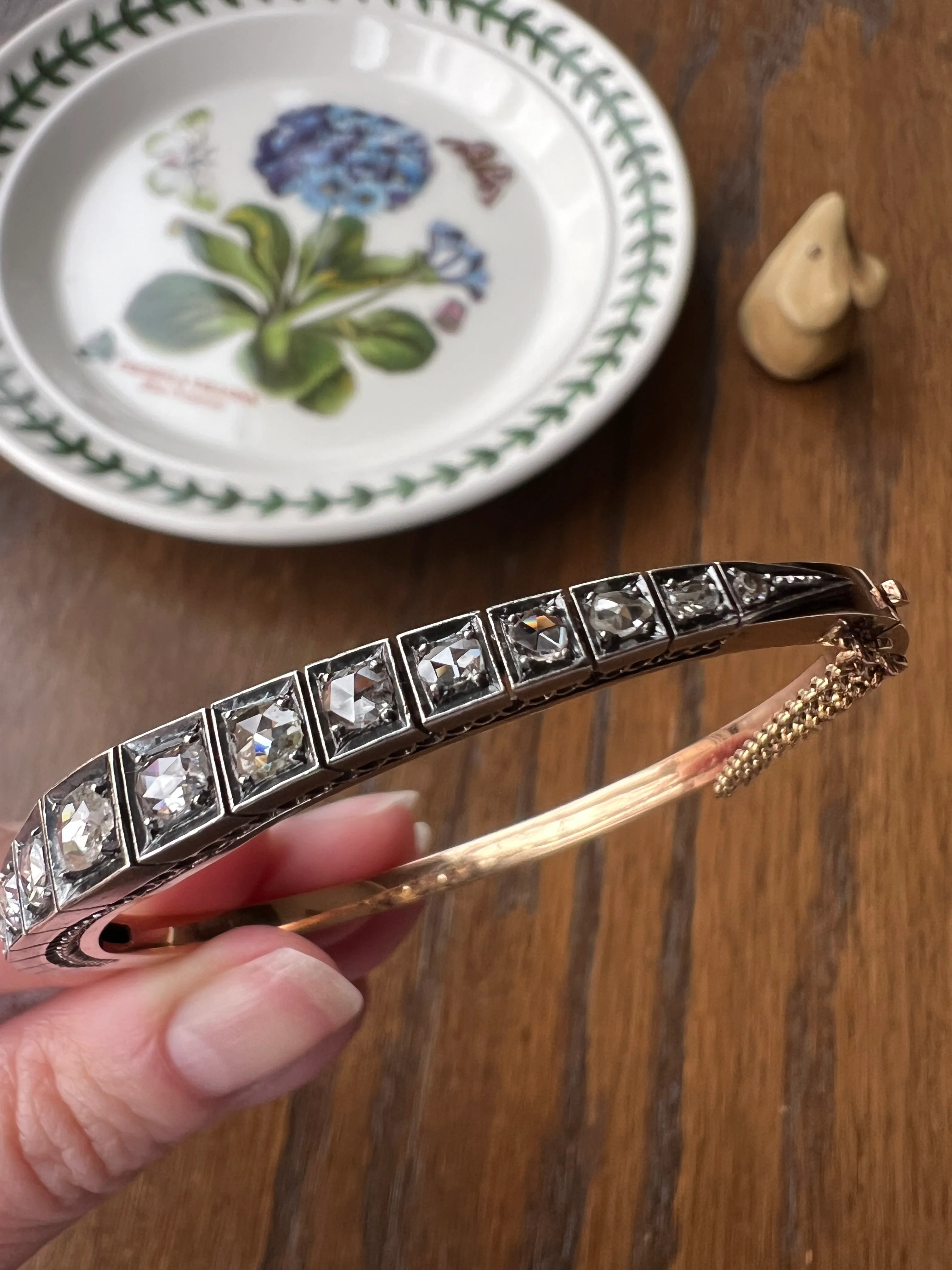 Antique TAPERING Rose Cut DIAMOND Hinged Bangle Bracelet Open Back Face Up 4.35 CARAT French 18k Gold Silver Victorian Wriststack - Image 14