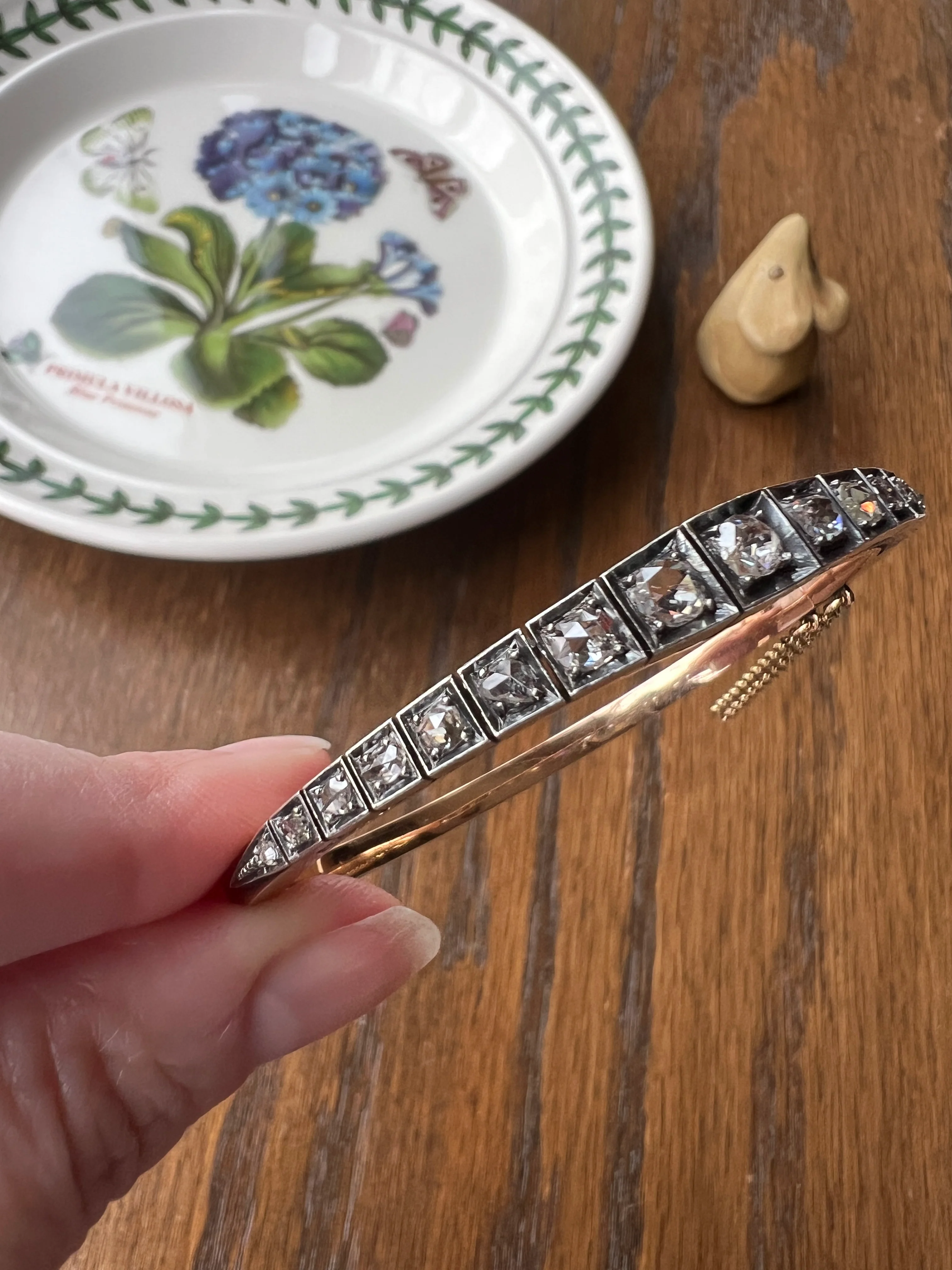 Antique TAPERING Rose Cut DIAMOND Hinged Bangle Bracelet Open Back Face Up 4.35 CARAT French 18k Gold Silver Victorian Wriststack - Image 15