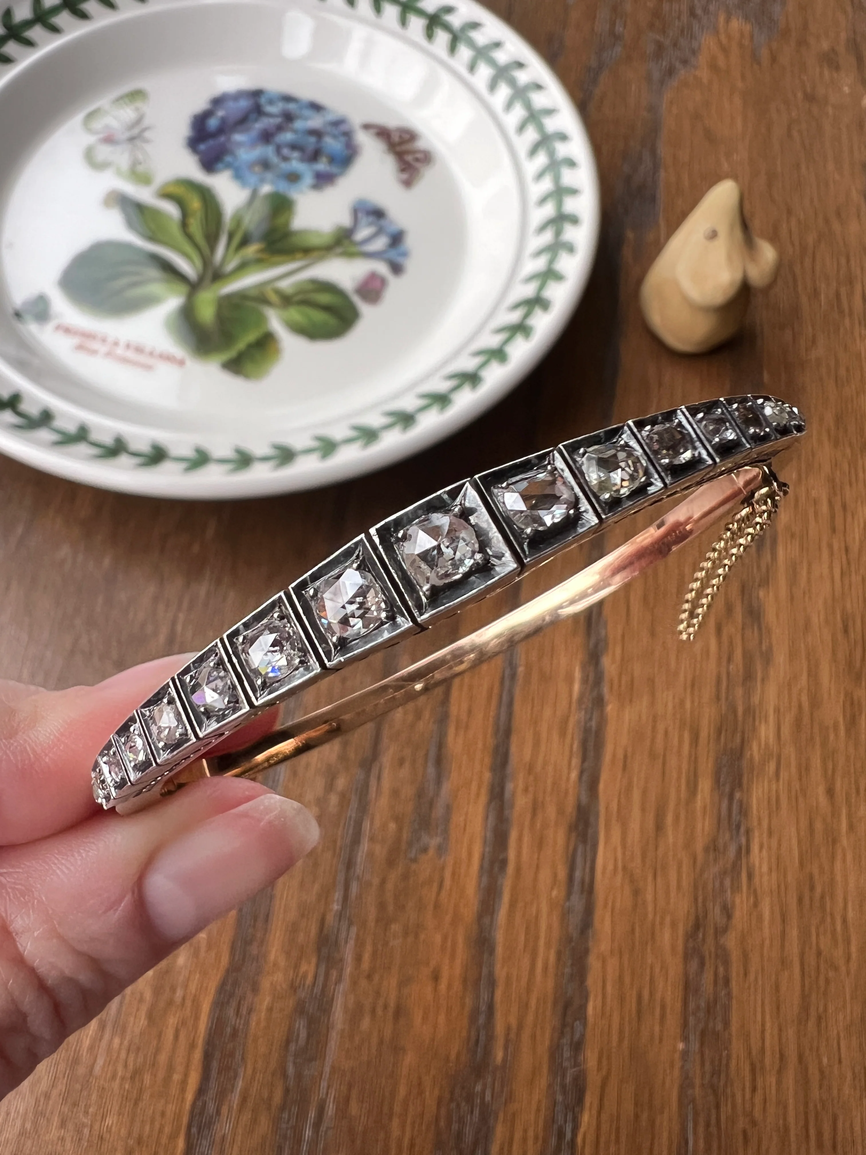 Antique TAPERING Rose Cut DIAMOND Hinged Bangle Bracelet Open Back Face Up 4.35 CARAT French 18k Gold Silver Victorian Wriststack - Image 16