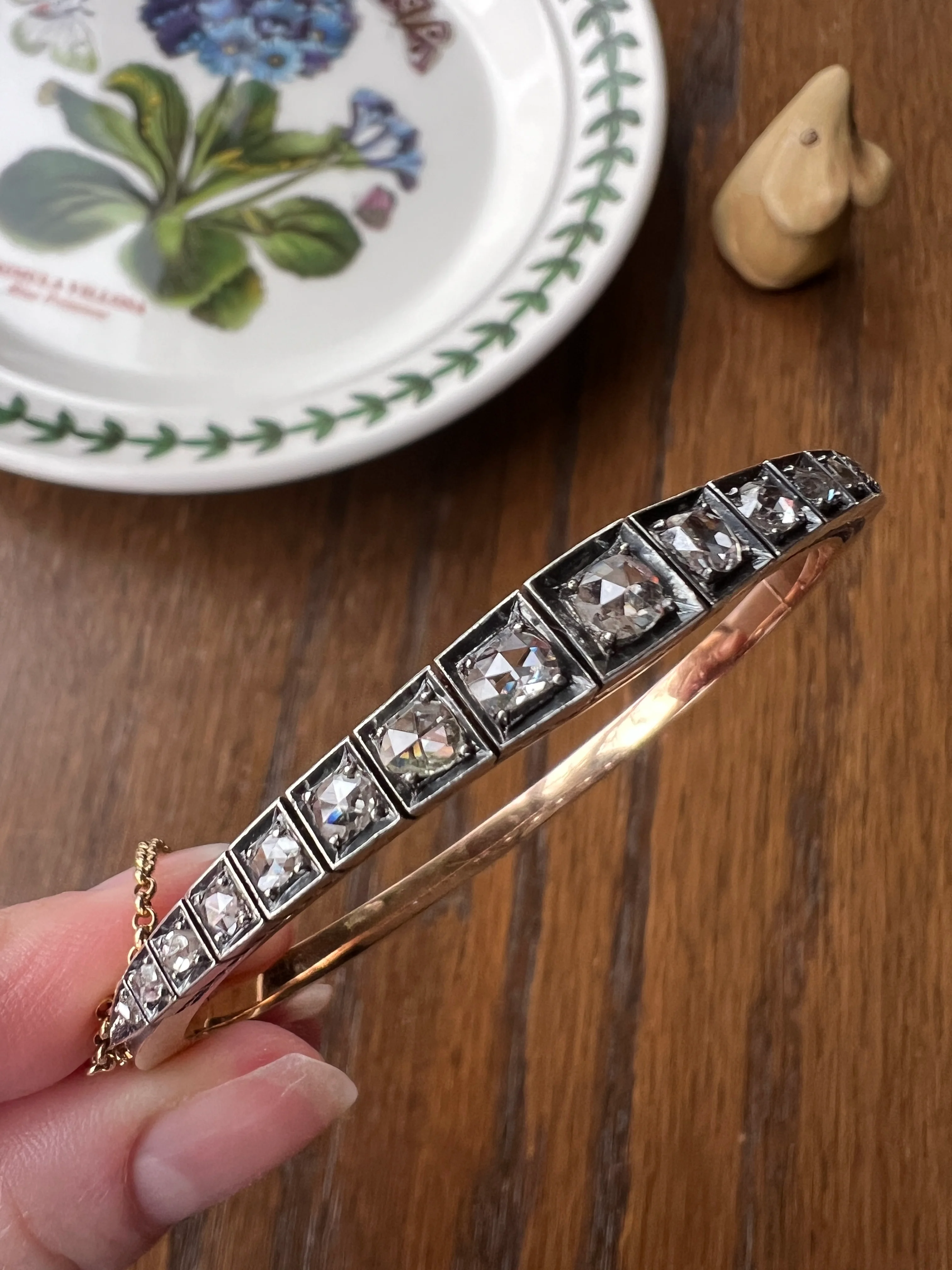 Antique TAPERING Rose Cut DIAMOND Hinged Bangle Bracelet Open Back Face Up 4.35 CARAT French 18k Gold Silver Victorian Wriststack - Image 17