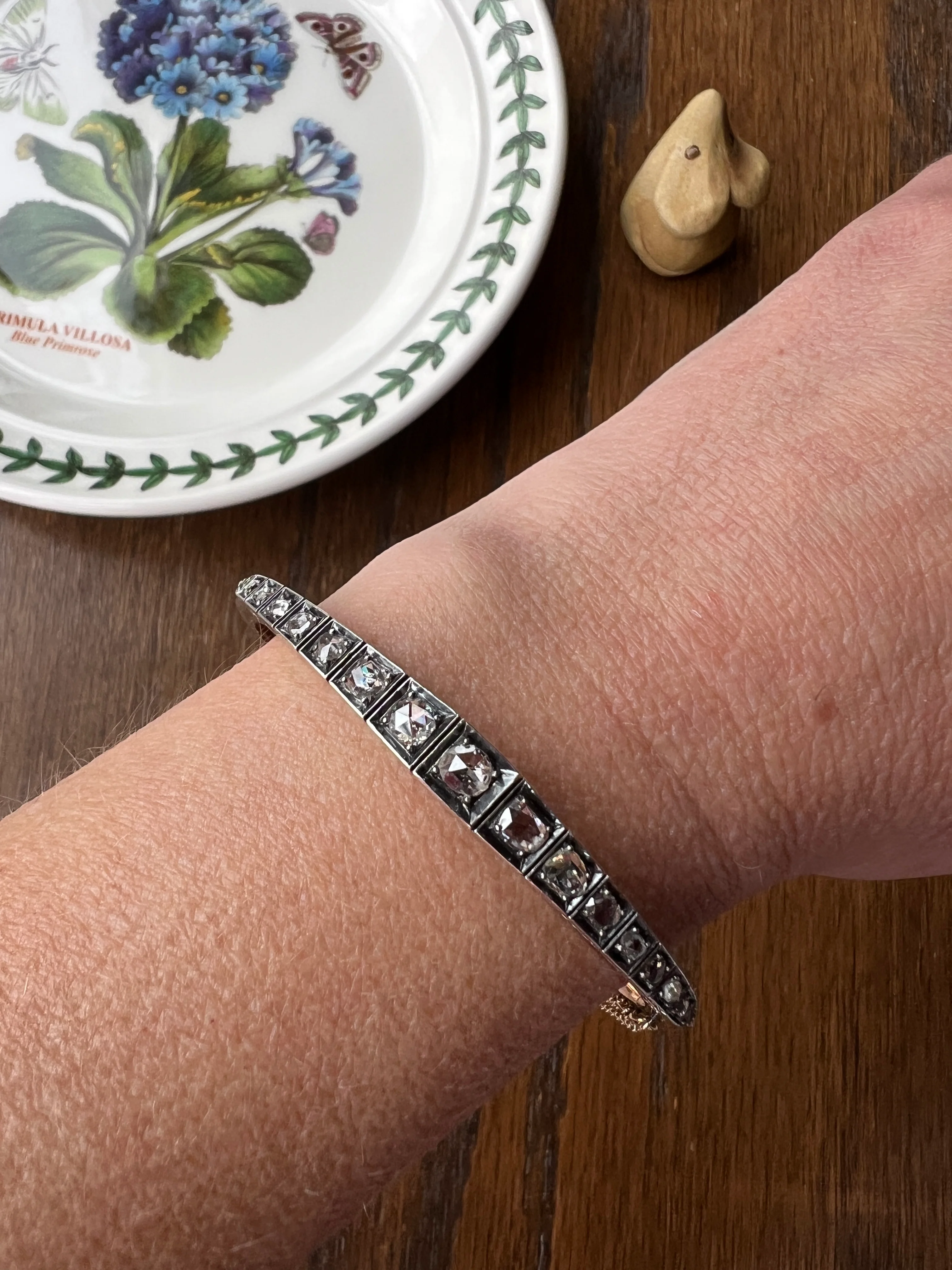 Antique TAPERING Rose Cut DIAMOND Hinged Bangle Bracelet Open Back Face Up 4.35 CARAT French 18k Gold Silver Victorian Wriststack - Image 18