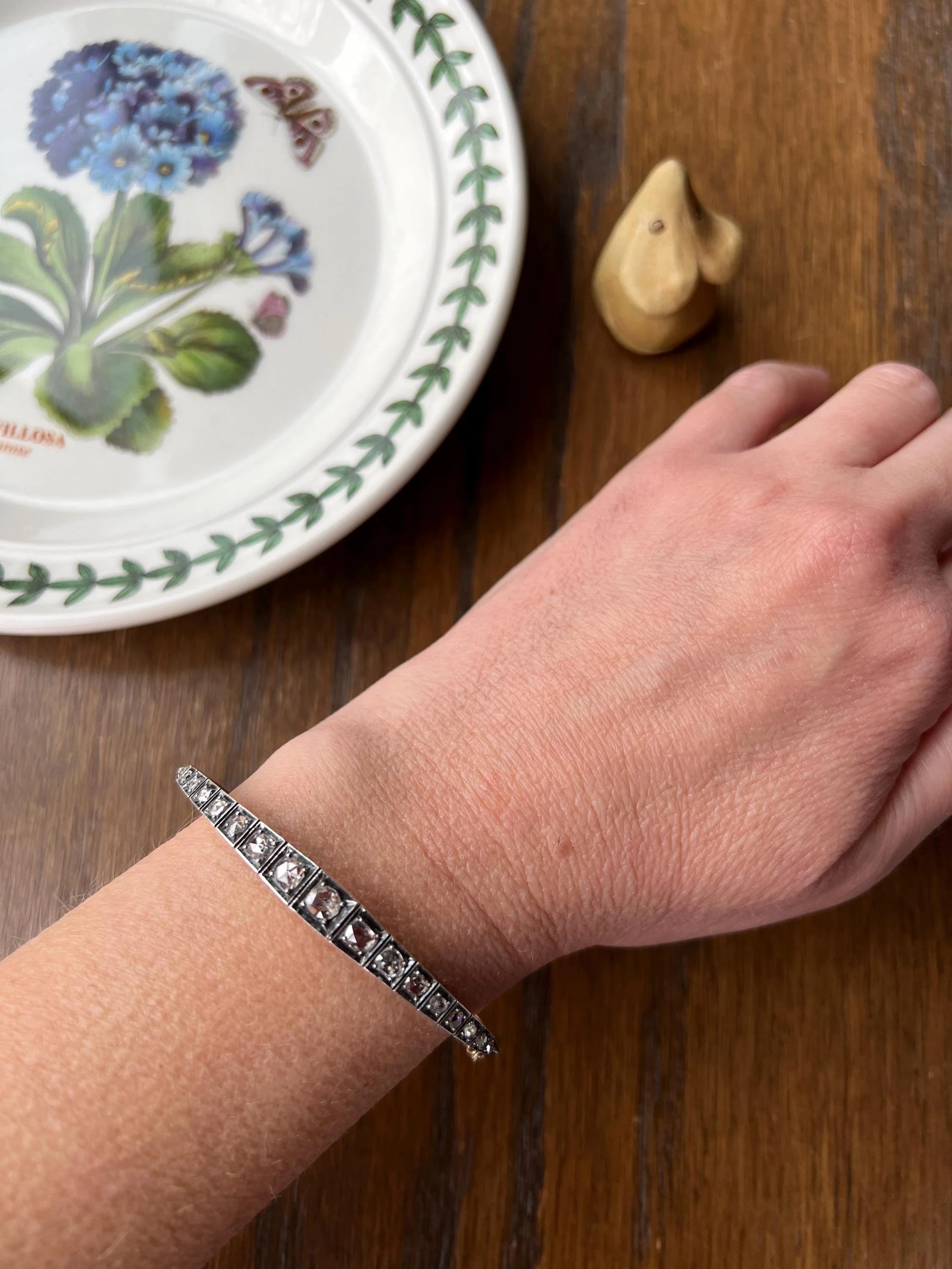 Antique TAPERING Rose Cut DIAMOND Hinged Bangle Bracelet Open Back Face Up 4.35 CARAT French 18k Gold Silver Victorian Wriststack - Image 2