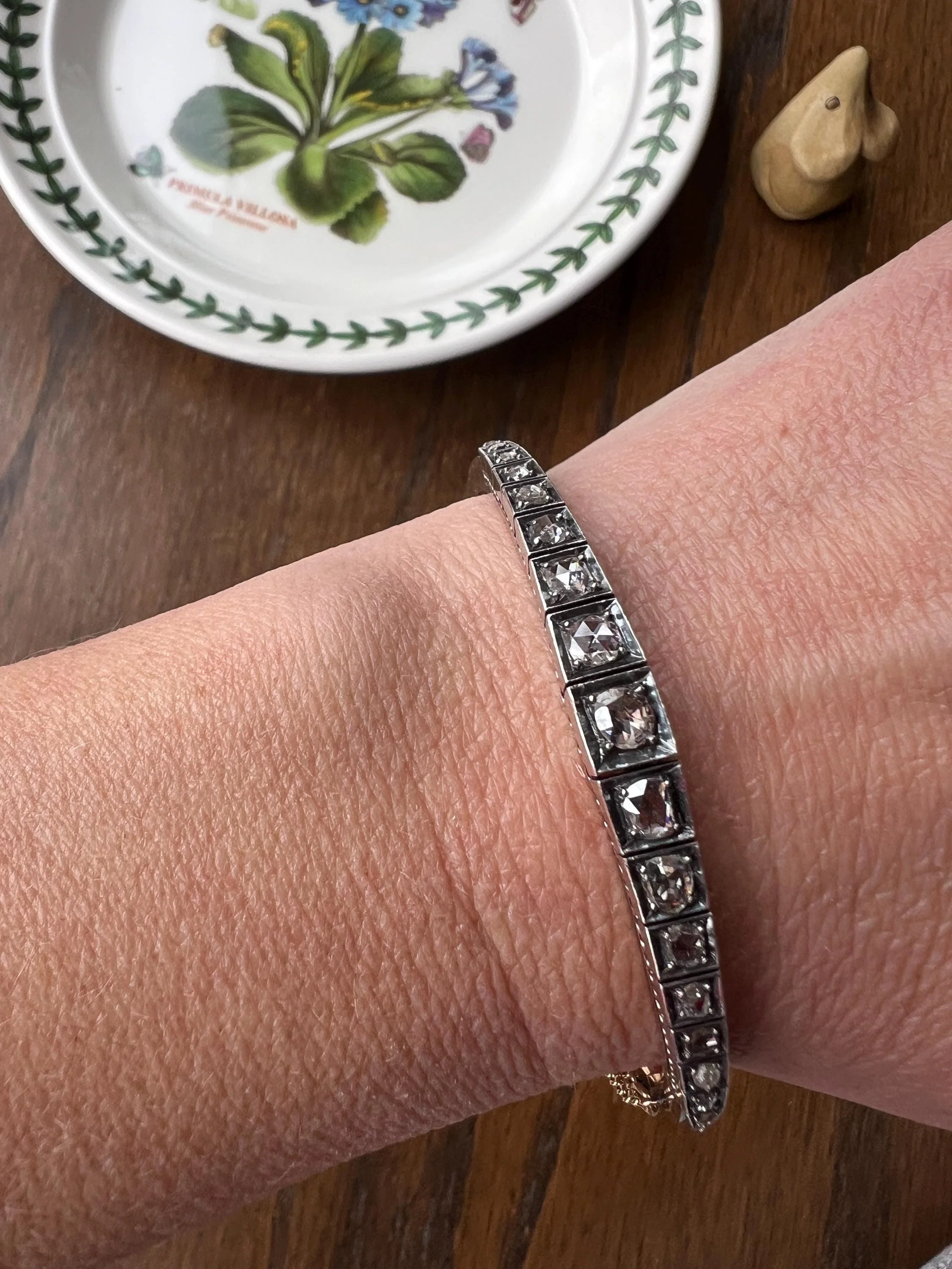 Antique TAPERING Rose Cut DIAMOND Hinged Bangle Bracelet Open Back Face Up 4.35 CARAT French 18k Gold Silver Victorian Wriststack - Image 4