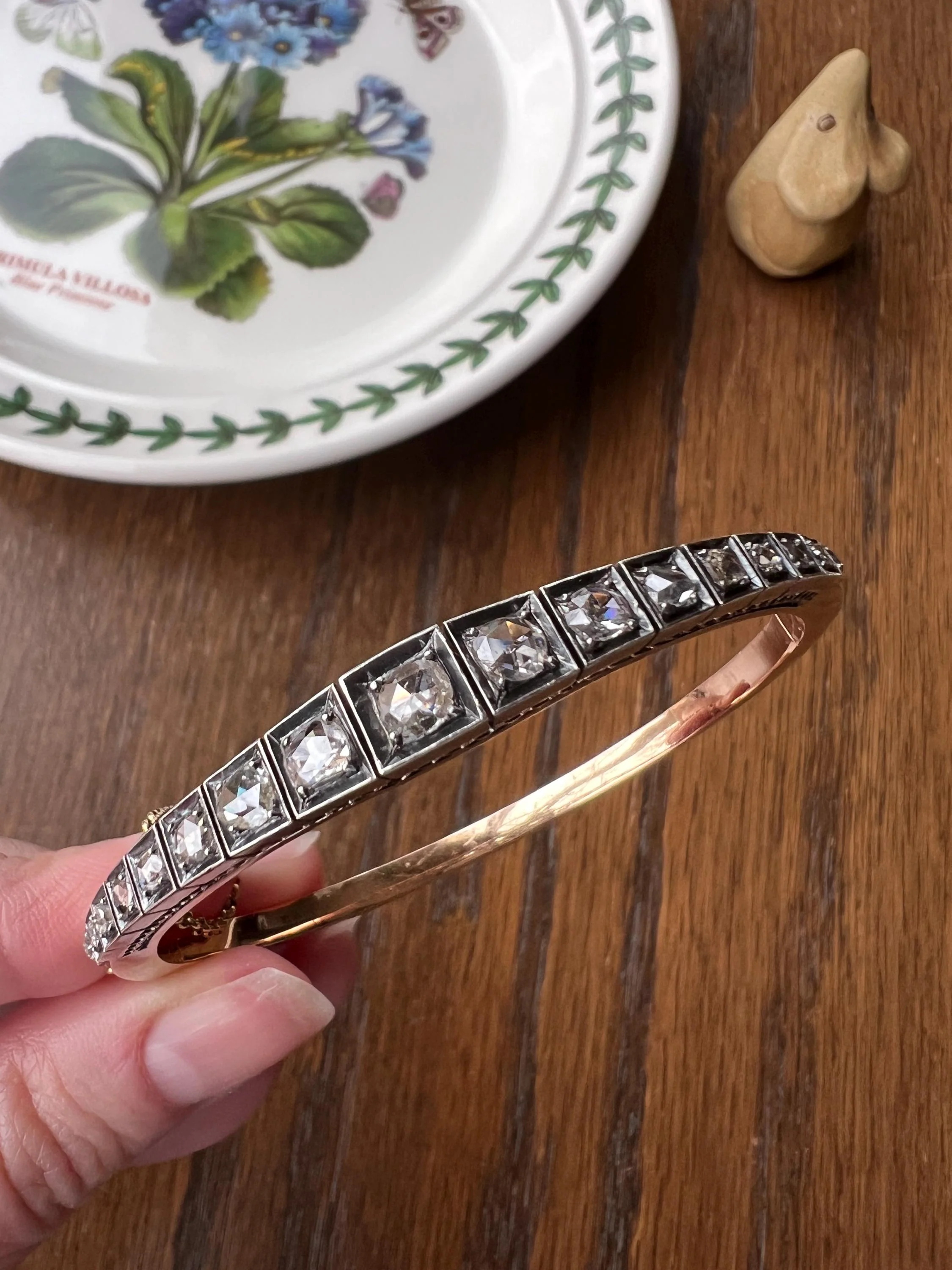 Antique TAPERING Rose Cut DIAMOND Hinged Bangle Bracelet Open Back Face Up 4.35 CARAT French 18k Gold Silver Victorian Wriststack - Image 5