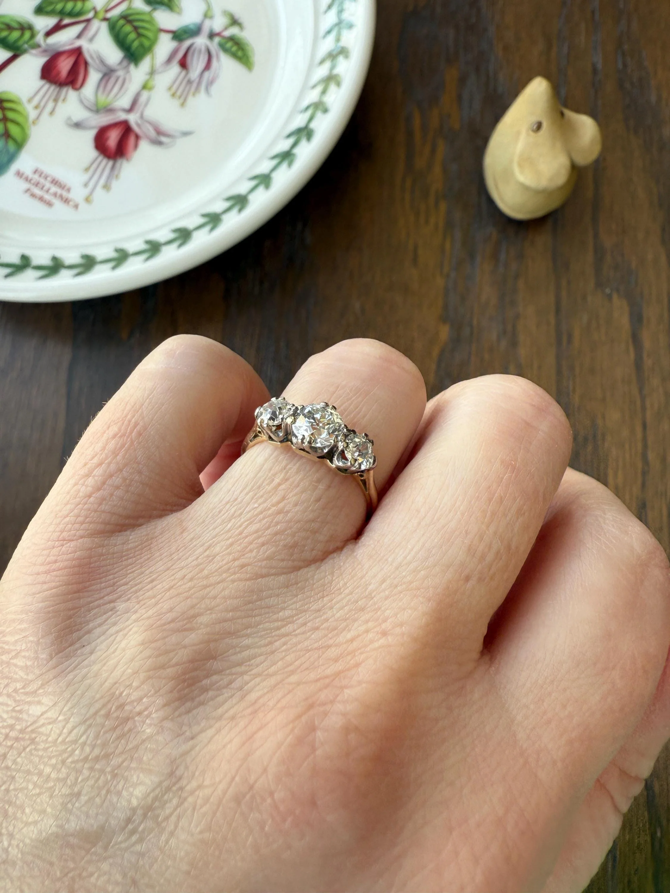 Antique Three Stone 1.25 Carat Old Mine Cut DiAMOND Ring 18k GOLD Stacker Band 1.25Ctw OMC Trilogy Anniversary Wedding Engagement - Image 11
