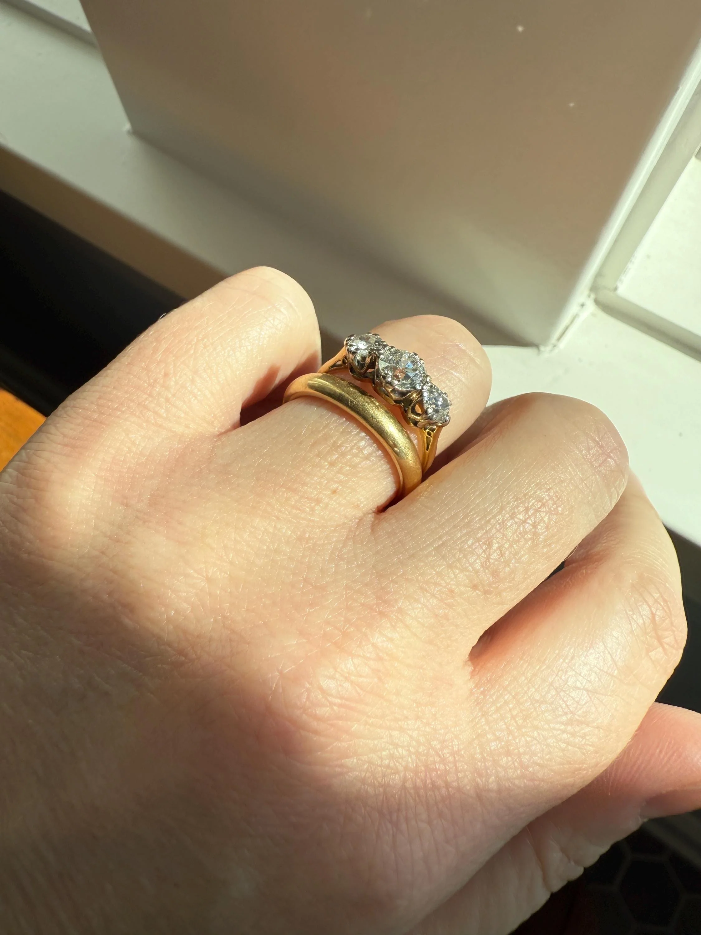 Antique Three Stone 1.25 Carat Old Mine Cut DiAMOND Ring 18k GOLD Stacker Band 1.25Ctw OMC Trilogy Anniversary Wedding Engagement - Image 13
