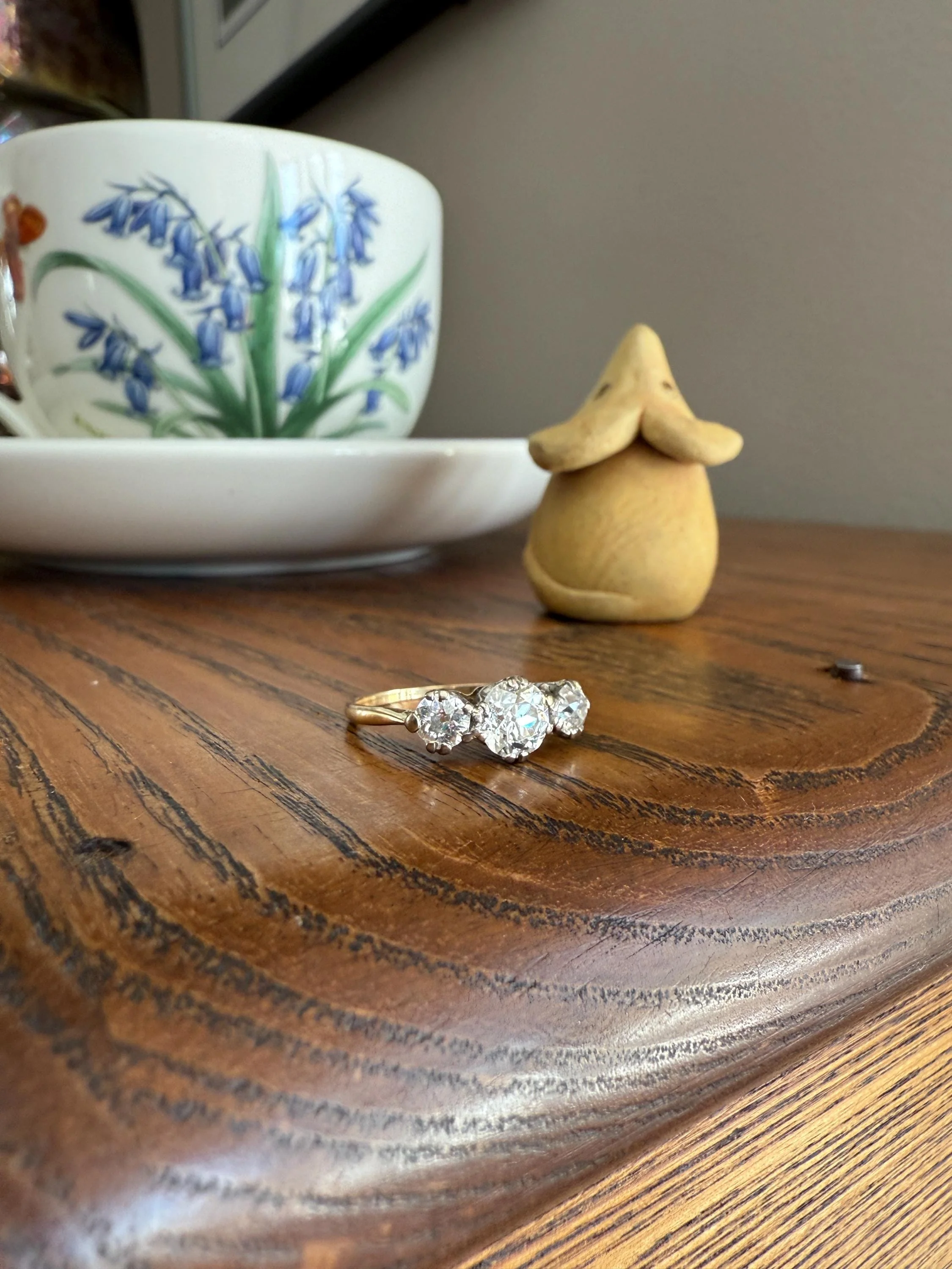 Antique Three Stone 1.25 Carat Old Mine Cut DiAMOND Ring 18k GOLD Stacker Band 1.25Ctw OMC Trilogy Anniversary Wedding Engagement - Image 15