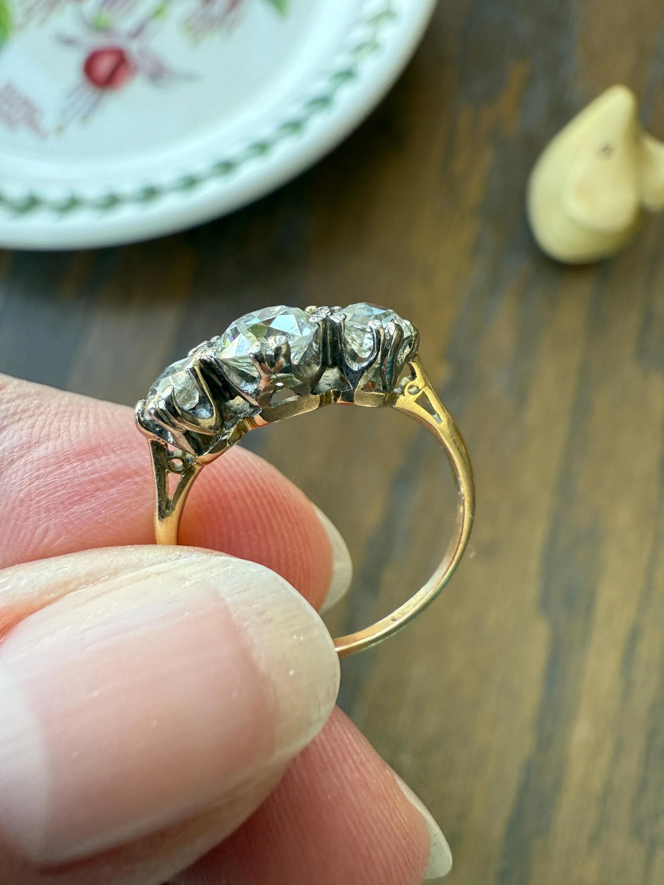 Antique Three Stone 1.25 Carat Old Mine Cut DiAMOND Ring 18k GOLD Stacker Band 1.25Ctw OMC Trilogy Anniversary Wedding Engagement - Image 17