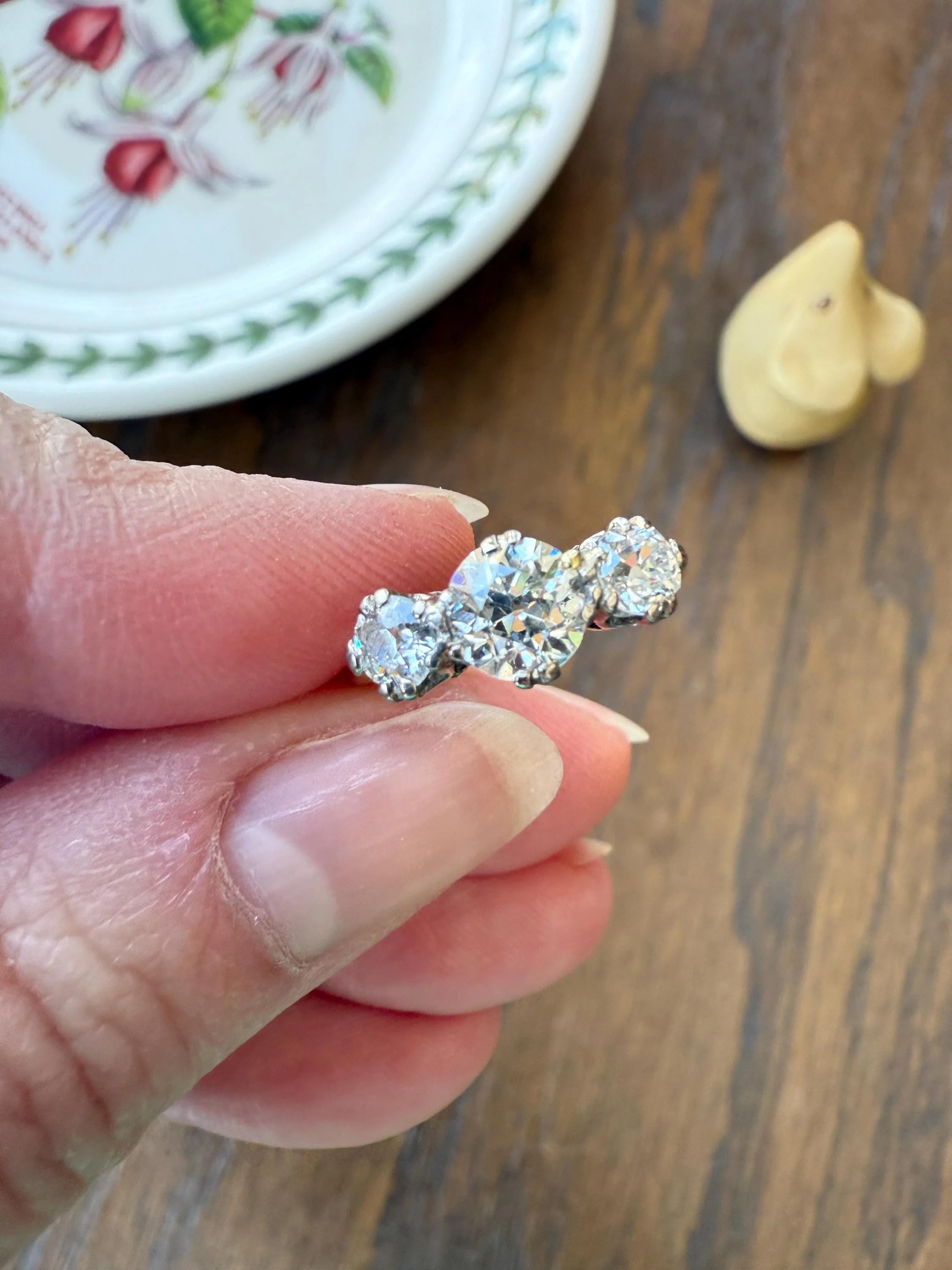 Antique Three Stone 1.25 Carat Old Mine Cut DiAMOND Ring 18k GOLD Stacker Band 1.25Ctw OMC Trilogy Anniversary Wedding Engagement - Image 3