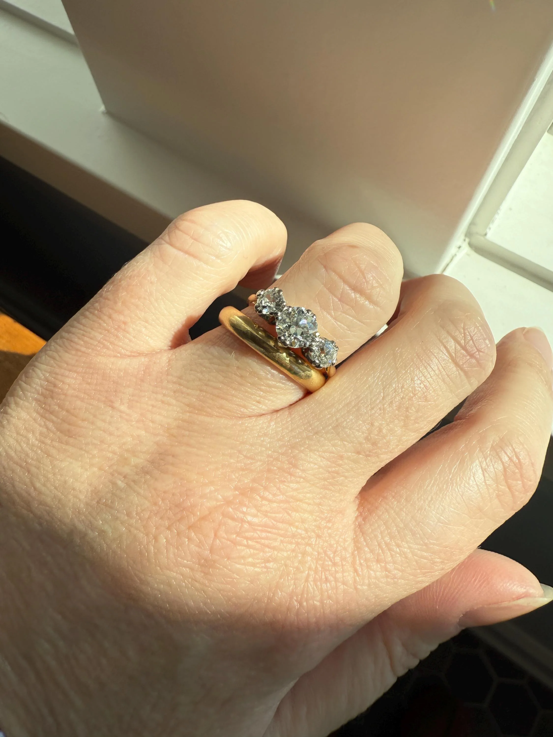 Antique Three Stone 1.25 Carat Old Mine Cut DiAMOND Ring 18k GOLD Stacker Band 1.25Ctw OMC Trilogy Anniversary Wedding Engagement - Image 4