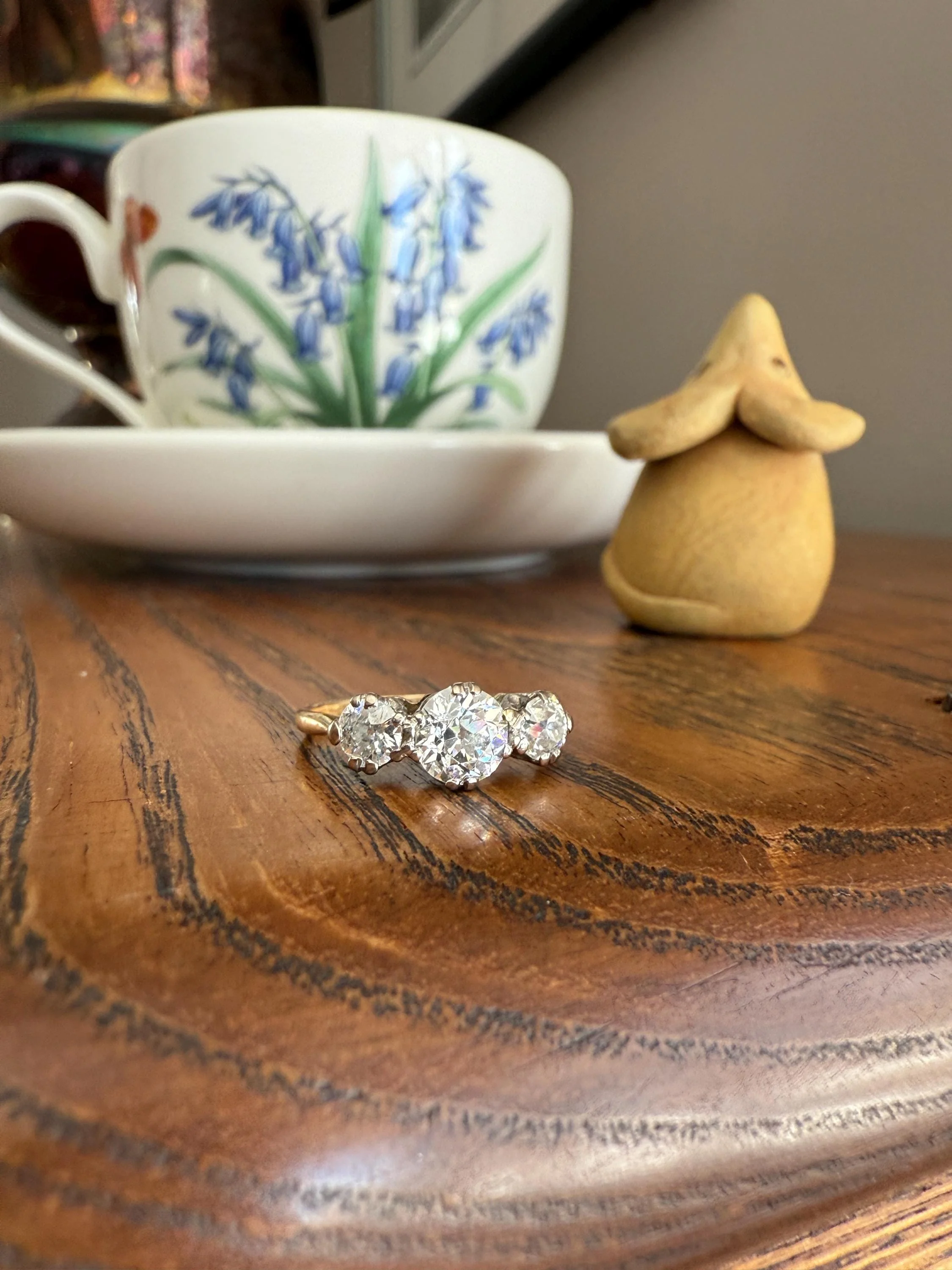 Antique Three Stone 1.25 Carat Old Mine Cut DiAMOND Ring 18k GOLD Stacker Band 1.25Ctw OMC Trilogy Anniversary Wedding Engagement - Image 5