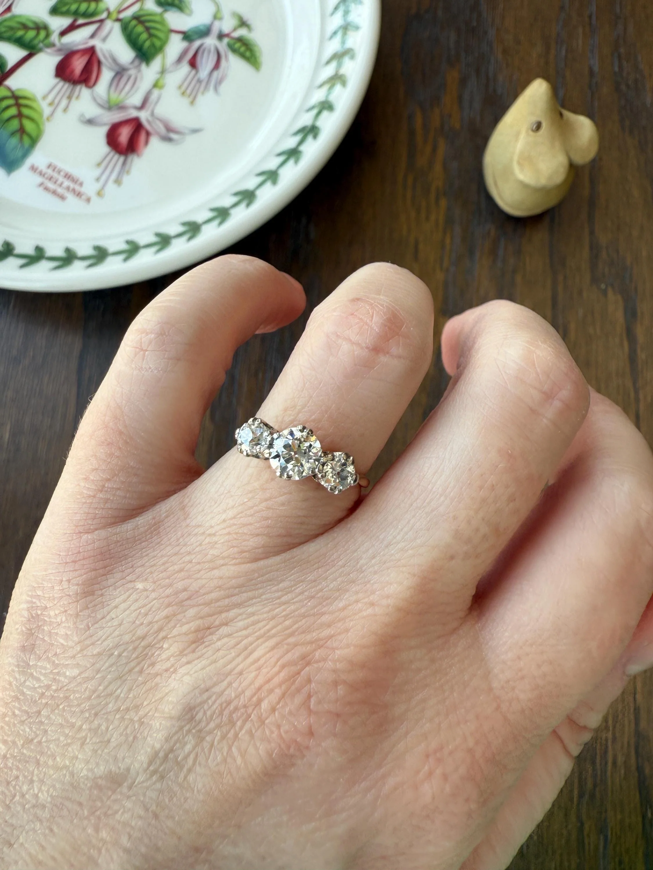 Antique Three Stone 1.25 Carat Old Mine Cut DiAMOND Ring 18k GOLD Stacker Band 1.25Ctw OMC Trilogy Anniversary Wedding Engagement - Image 7