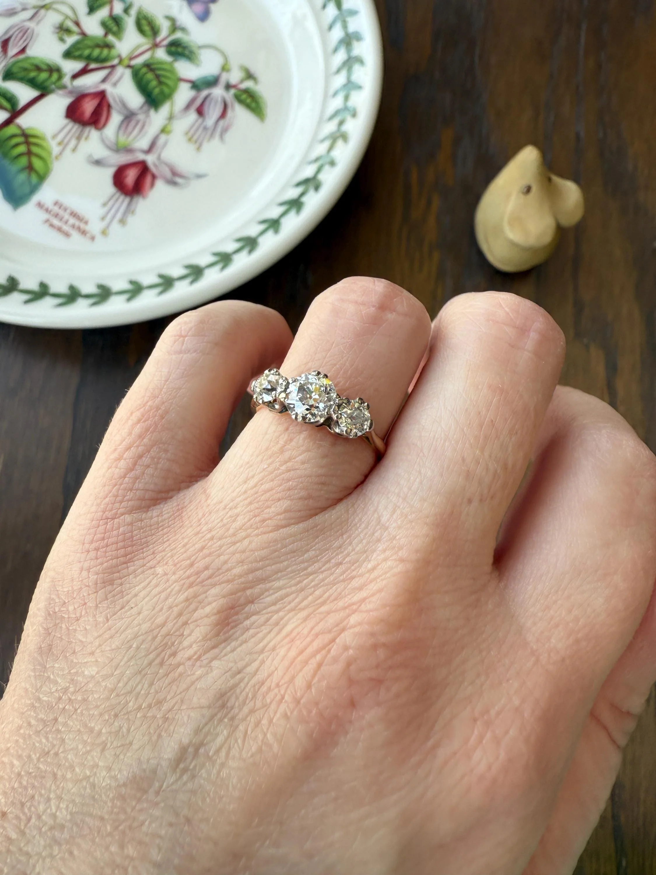 Antique Three Stone 1.25 Carat Old Mine Cut DiAMOND Ring 18k GOLD Stacker Band 1.25Ctw OMC Trilogy Anniversary Wedding Engagement - Image 9