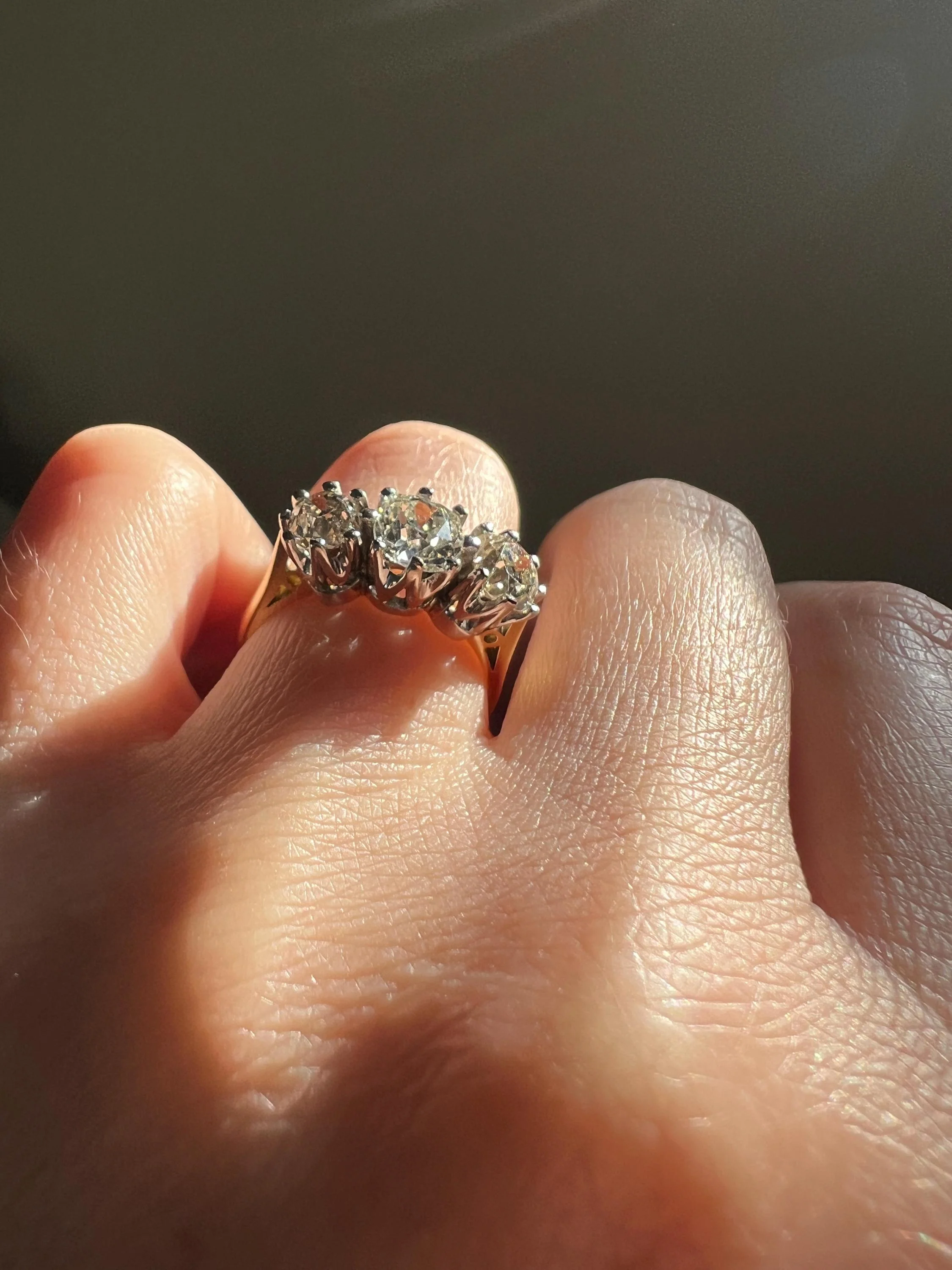 Antique Three Stone 1.8 Carat Old Mine Cut DiAMOND Ring 18k GOLD Chunky Tall Stacker - Image 4