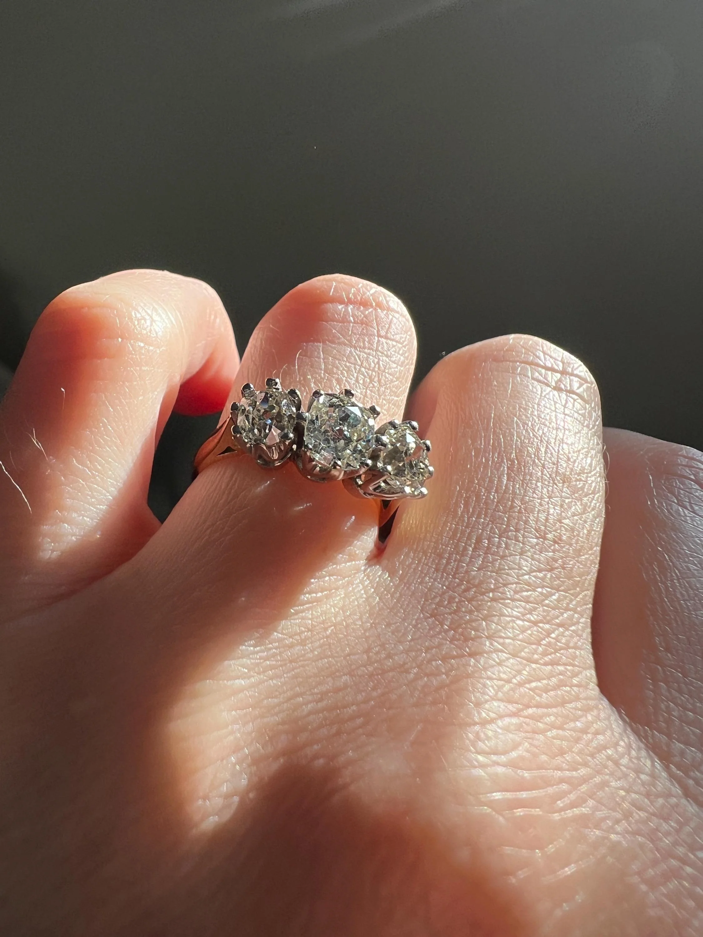 Antique Three Stone 1.8 Carat Old Mine Cut DiAMOND Ring 18k GOLD Chunky Tall Stacker - Image 5