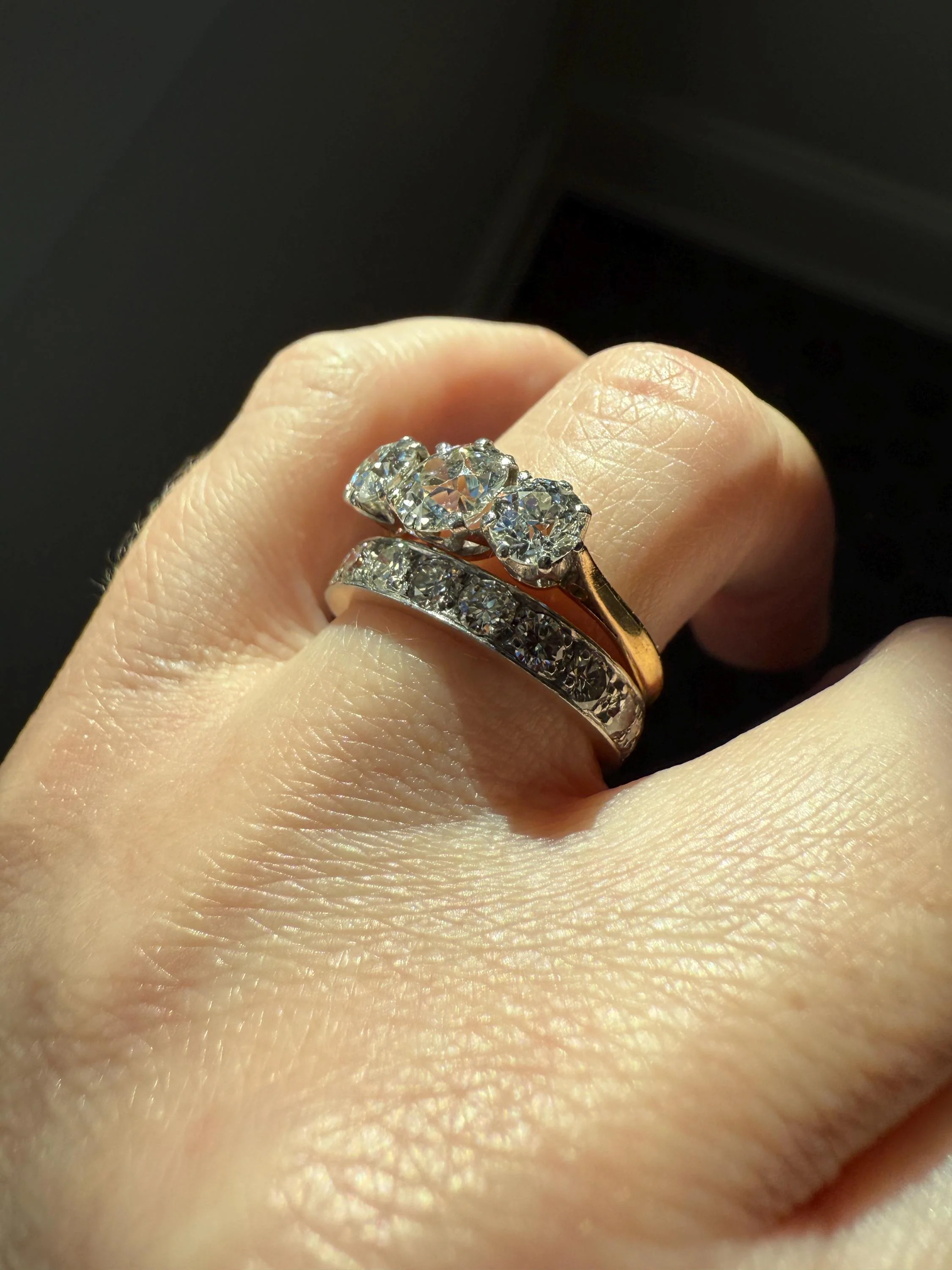 Antique Three Stone 2.3 Carats Old Mine Cut DiAMOND Ring 18k GOLD Platinum Chunky Tall Stacker Stackable Band 2.3Ctw OMC - Image 10