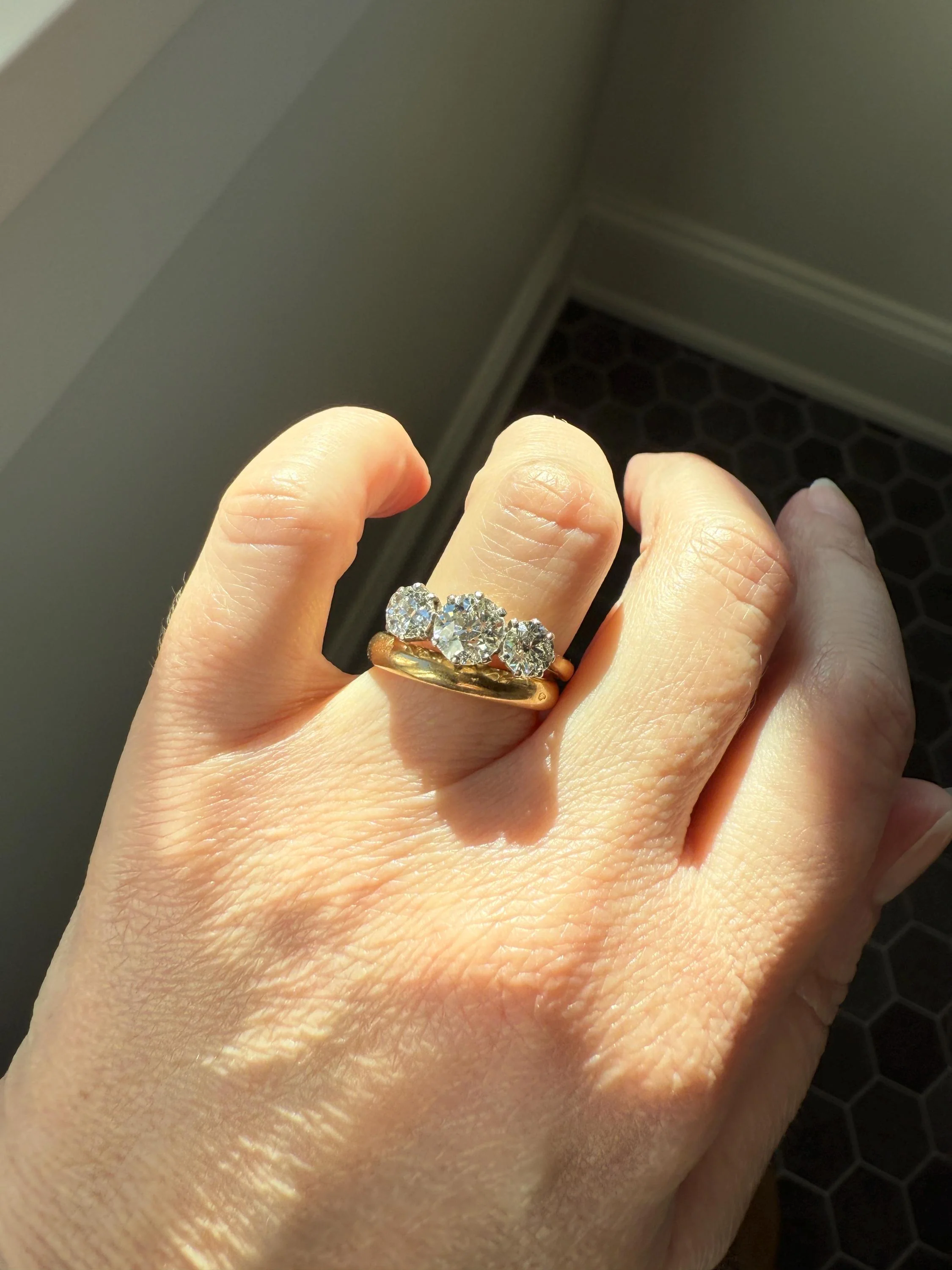 Antique Three Stone 2.3 Carats Old Mine Cut DiAMOND Ring 18k GOLD Platinum Chunky Tall Stacker Stackable Band 2.3Ctw OMC - Image 11
