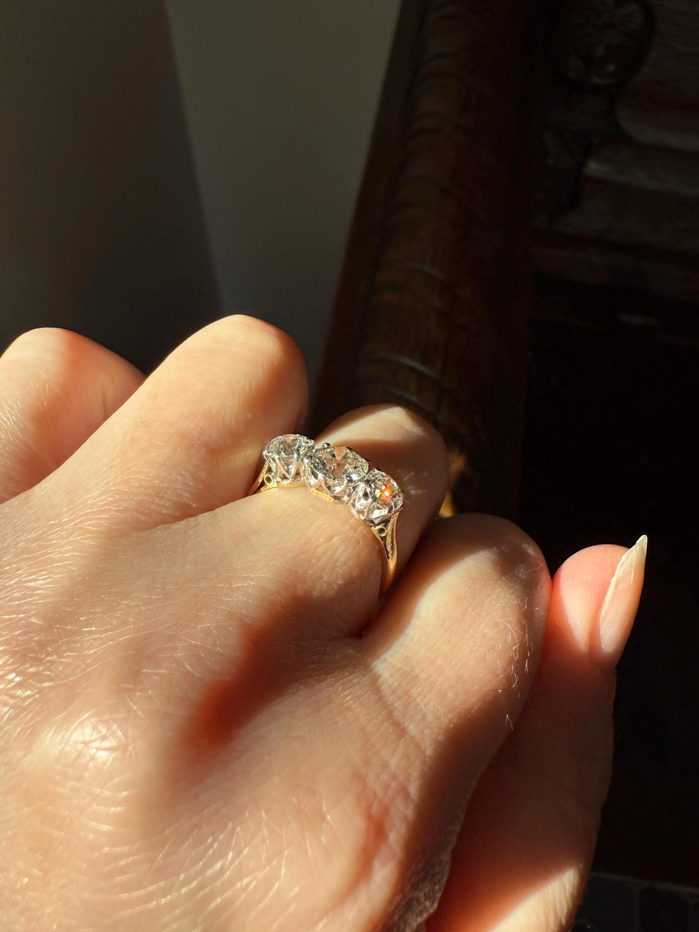 Antique Three Stone 2.3 Carats Old Mine Cut DiAMOND Ring 18k GOLD Platinum Chunky Tall Stacker Stackable Band 2.3Ctw OMC - Image 12
