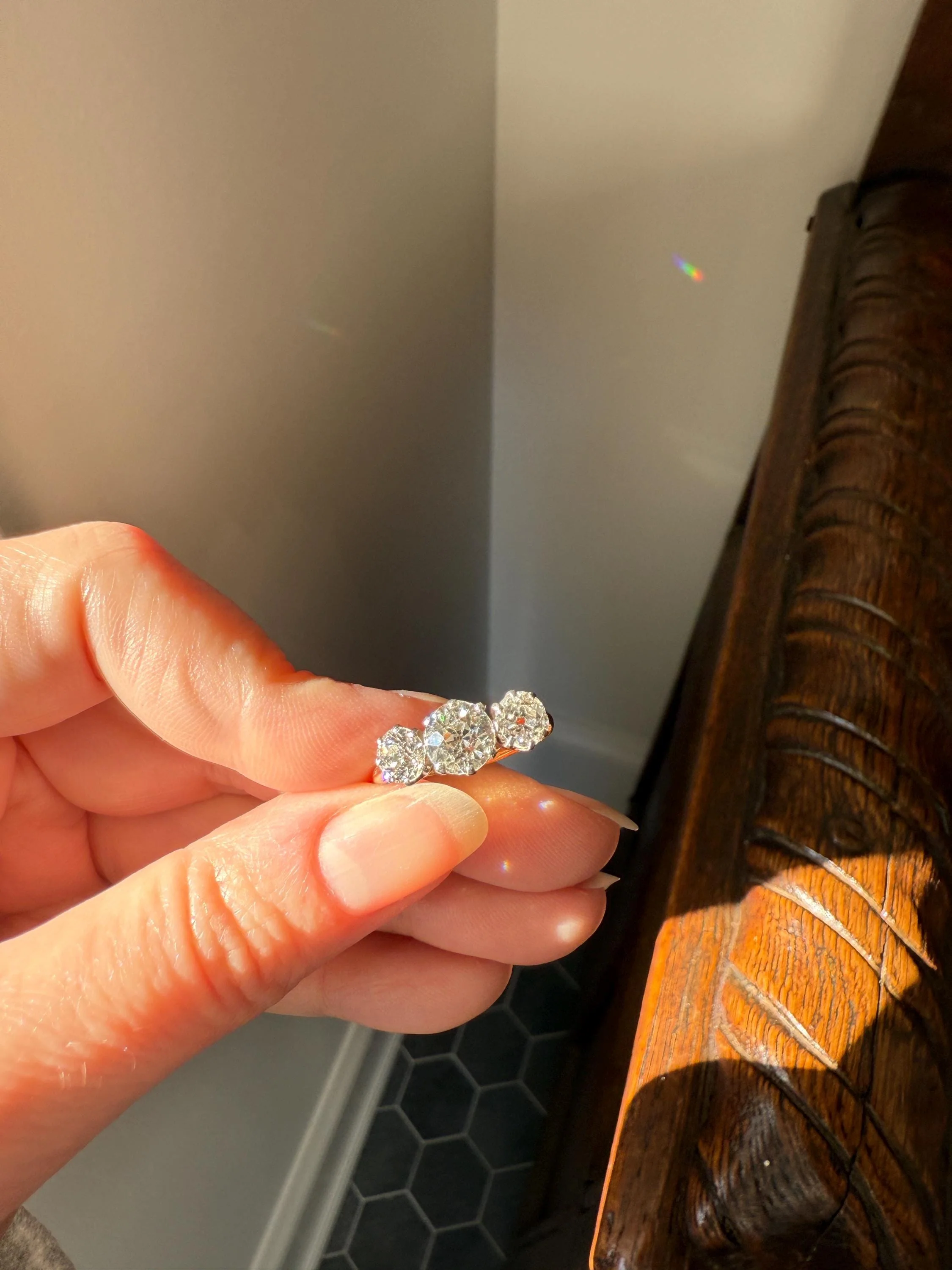 Antique Three Stone 2.3 Carats Old Mine Cut DiAMOND Ring 18k GOLD Platinum Chunky Tall Stacker Stackable Band 2.3Ctw OMC - Image 13