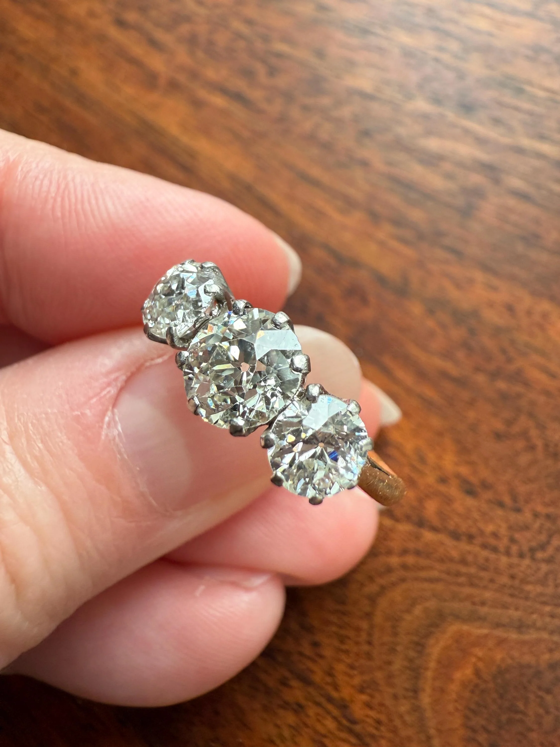 Antique Three Stone 2.3 Carats Old Mine Cut DiAMOND Ring 18k GOLD Platinum Chunky Tall Stacker Stackable Band 2.3Ctw OMC - Image 2
