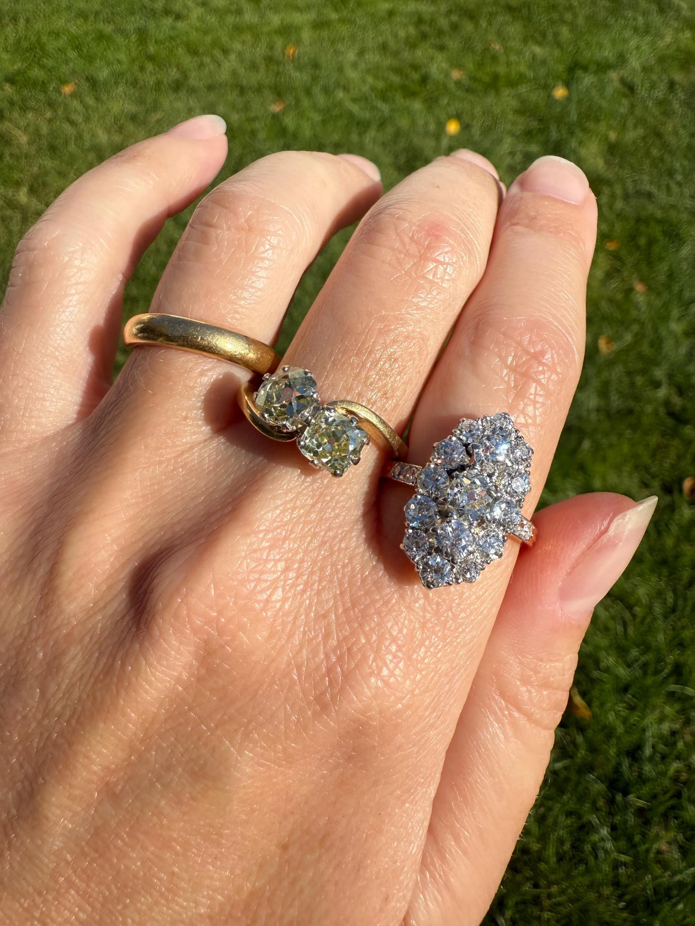 Antique Toi et Moi 2.1 CARAT Old Mine Cut DIAMOND Fancy Light Yellow Chunky 2 Stone Ring 18k Gold Angled Swirl Band Stacker c1901 Victorian - Image 11