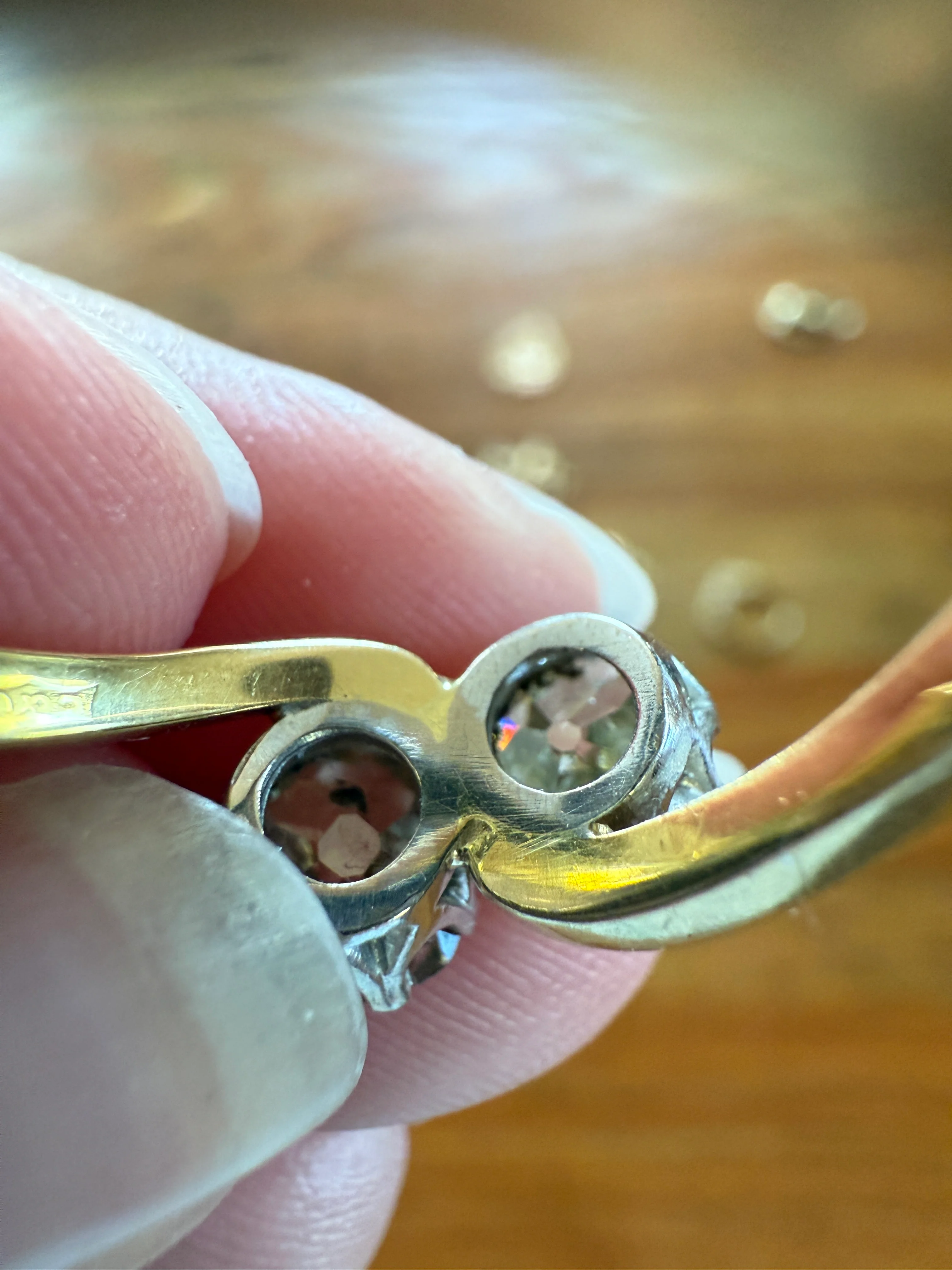 Antique Toi et Moi 2.1 CARAT Old Mine Cut DIAMOND Fancy Light Yellow Chunky 2 Stone Ring 18k Gold Angled Swirl Band Stacker c1901 Victorian - Image 14