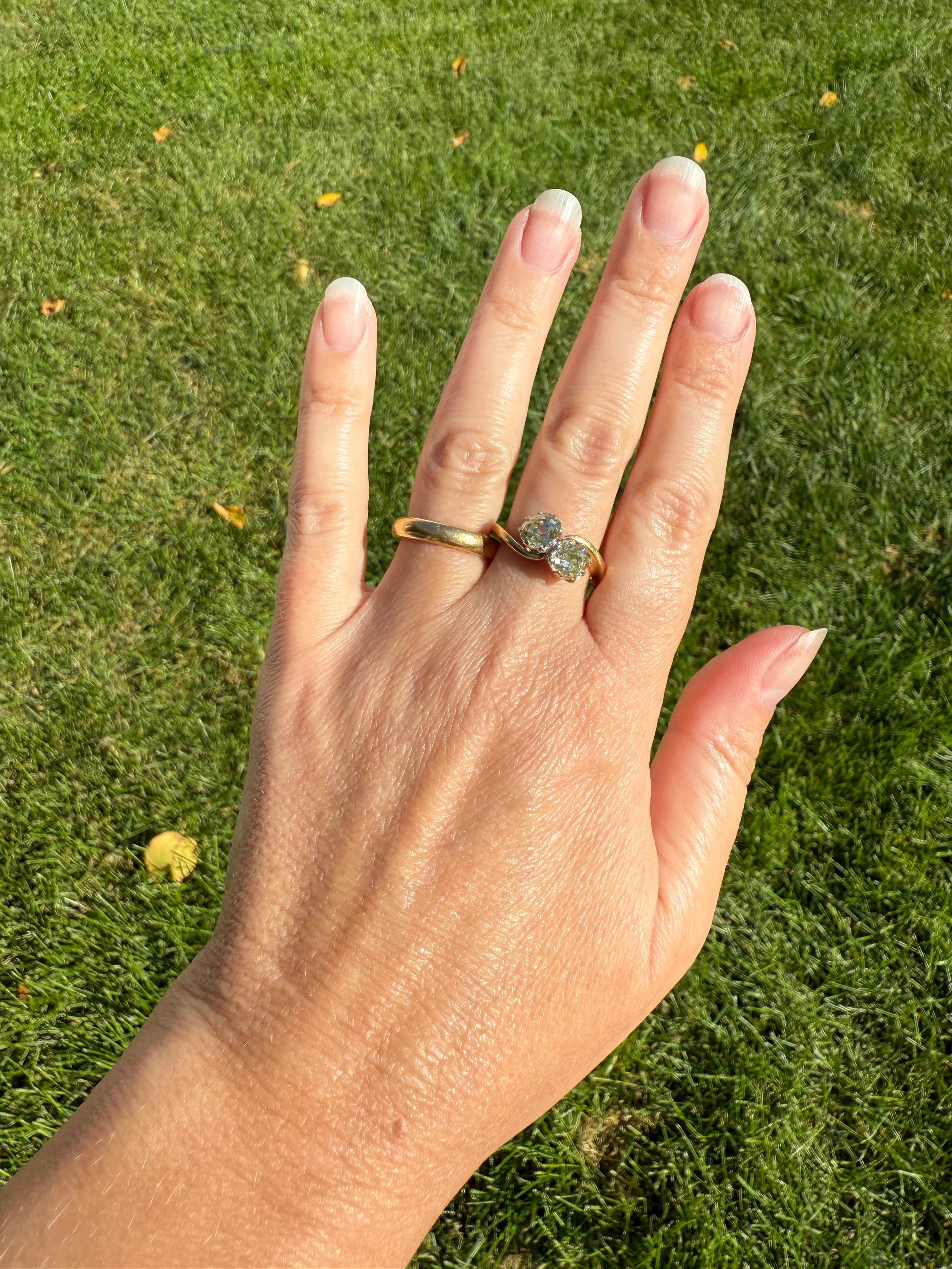 Antique Toi et Moi 2.1 CARAT Old Mine Cut DIAMOND Fancy Light Yellow Chunky 2 Stone Ring 18k Gold Angled Swirl Band Stacker c1901 Victorian - Image 28