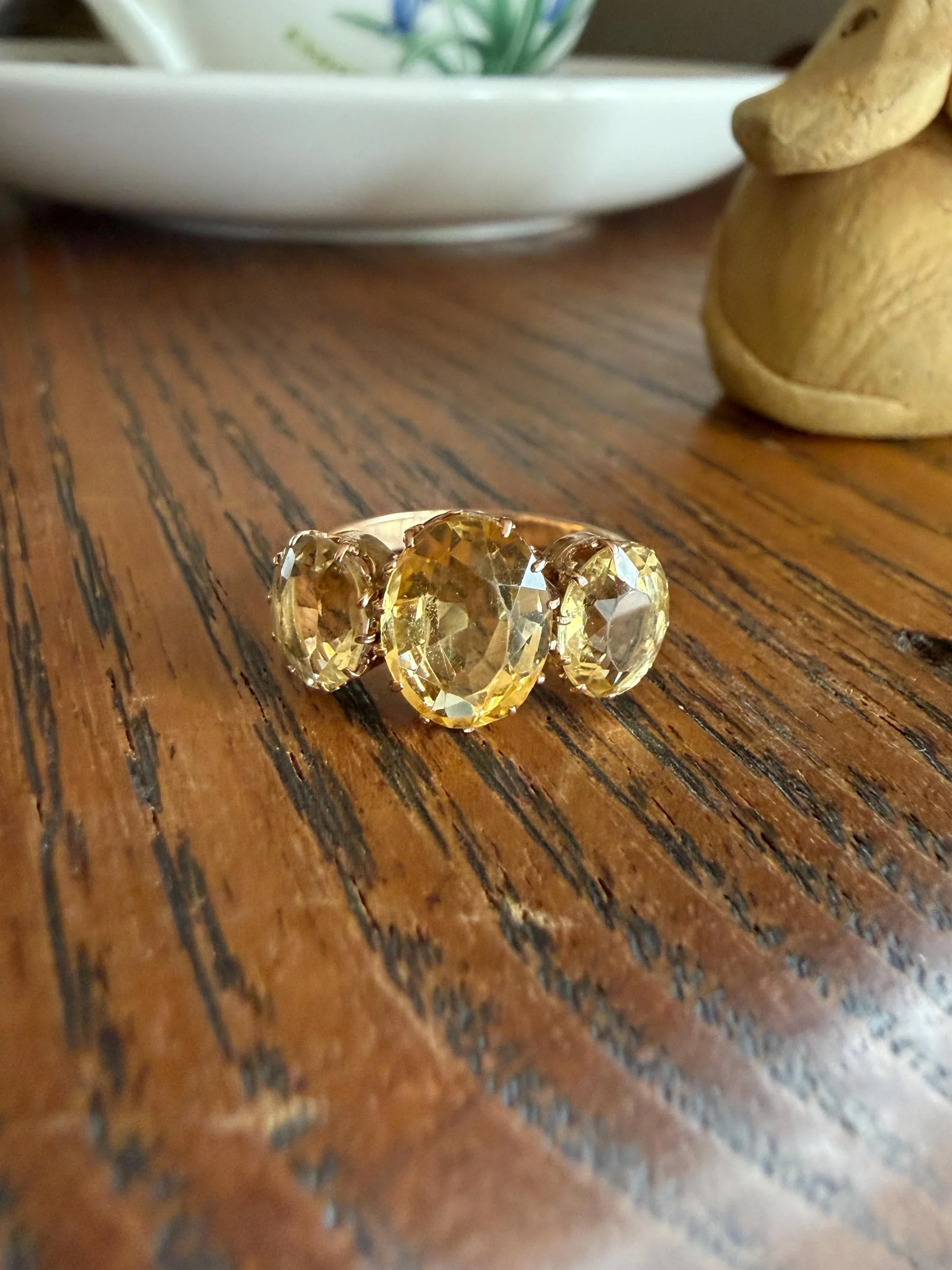 ANTIQUE Victorian Sunny Yellow 3.4 Carats Old Cut Natural Citrine Three Stone Band French Ring 18k Gold Oval Classic Crown Prong Setting