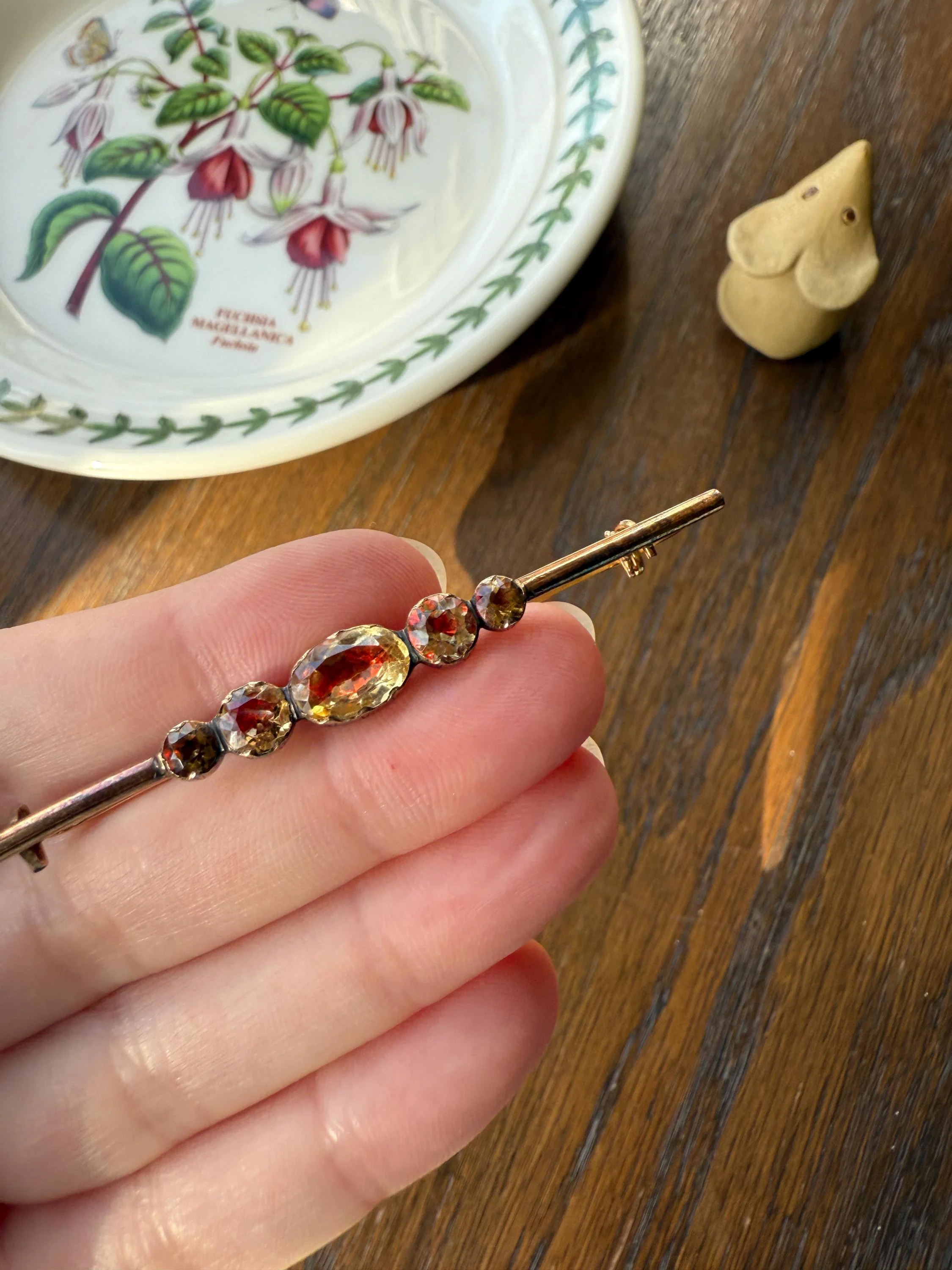 Antique Vinegar and Oil Foiled Citrine Five Stone Bar Line Brooch for Pendant Conversion Extender French Victorian 18k Gold Oval Geometric - Image 12