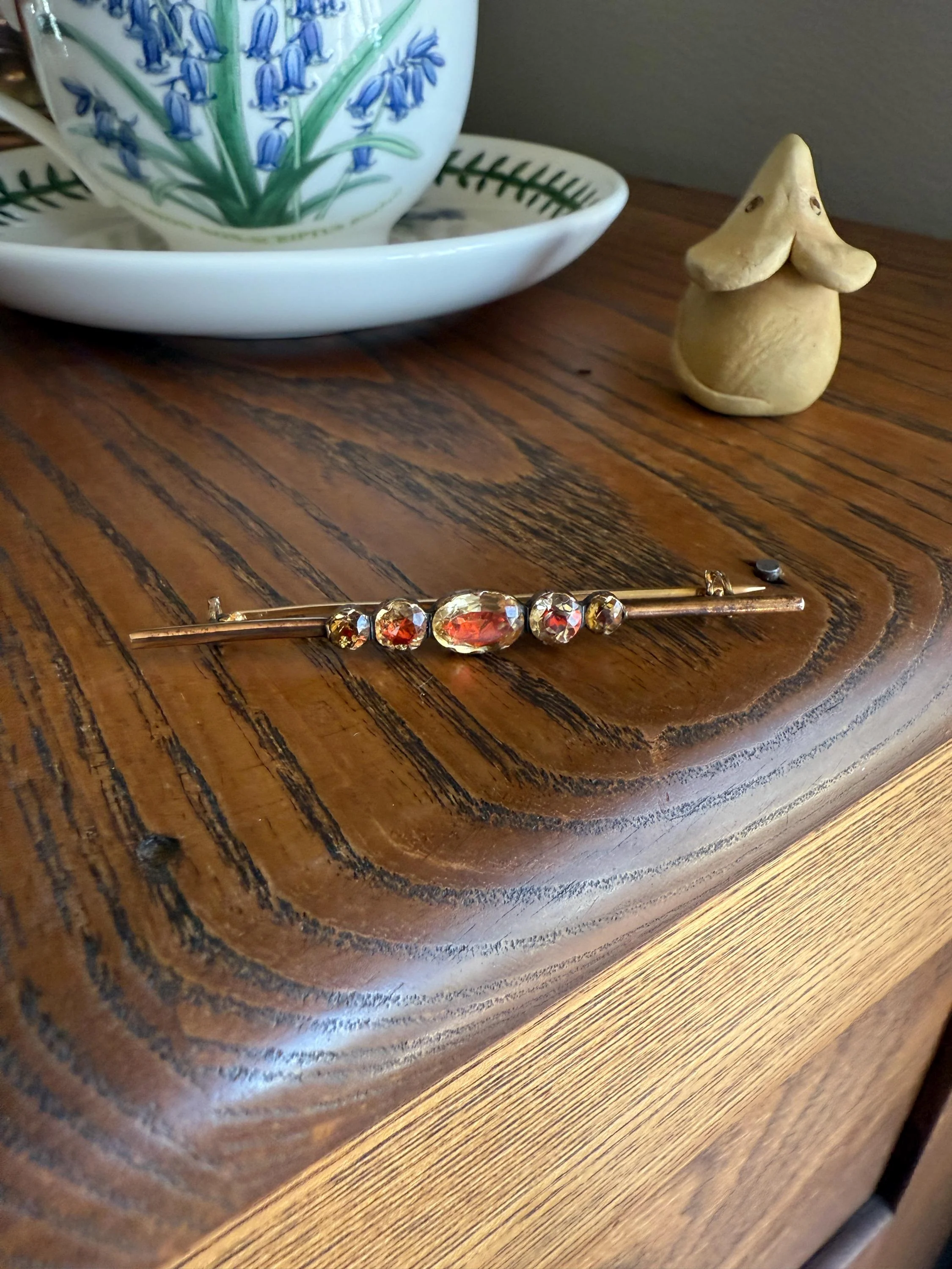 Antique Vinegar and Oil Foiled Citrine Five Stone Bar Line Brooch for Pendant Conversion Extender French Victorian 18k Gold Oval Geometric - Image 15