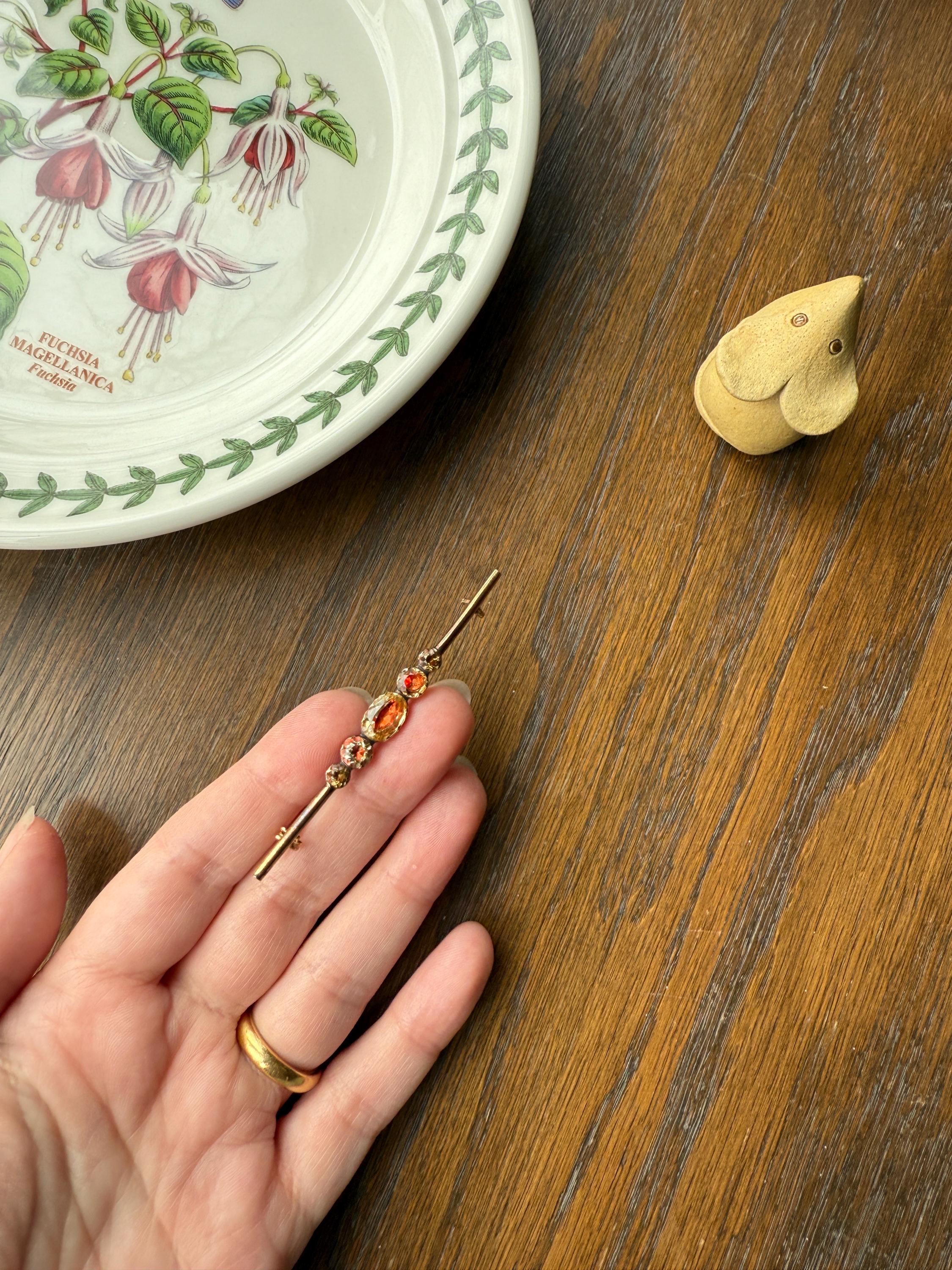 Antique Vinegar and Oil Foiled Citrine Five Stone Bar Line Brooch for Pendant Conversion Extender French Victorian 18k Gold Oval Geometric - Image 19