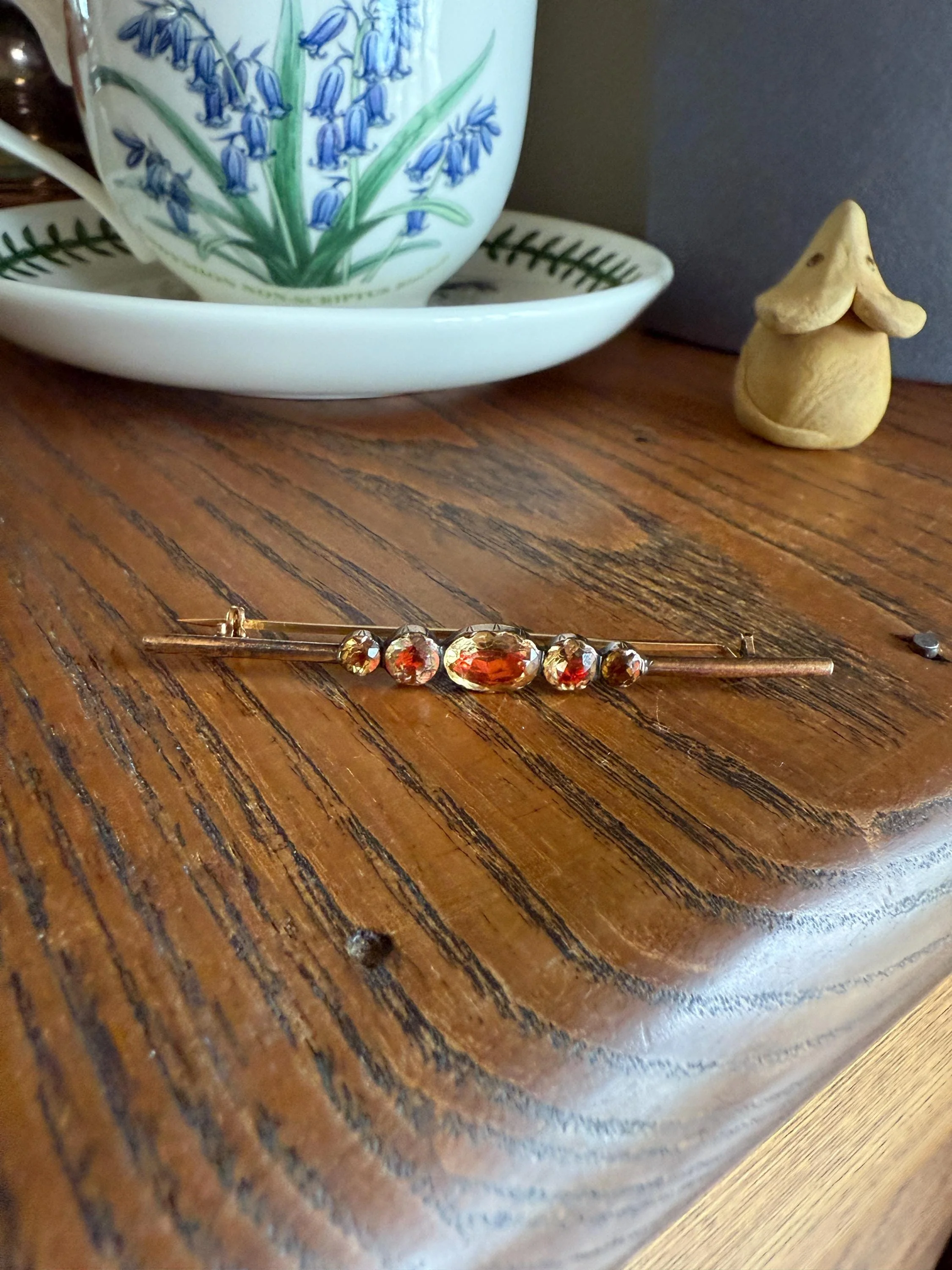 Antique Vinegar and Oil Foiled Citrine Five Stone Bar Line Brooch for Pendant Conversion Extender French Victorian 18k Gold Oval Geometric - Image 2