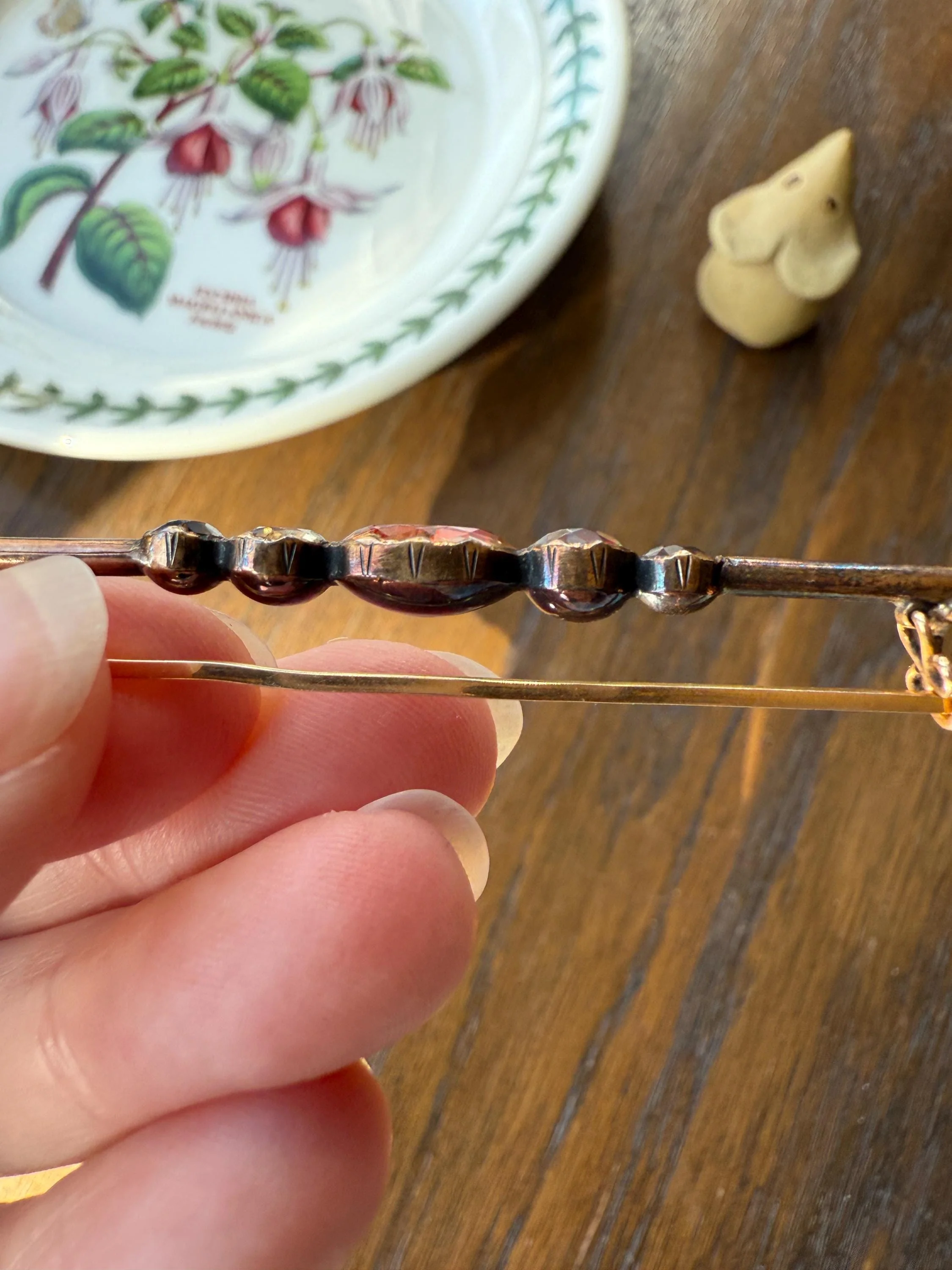 Antique Vinegar and Oil Foiled Citrine Five Stone Bar Line Brooch for Pendant Conversion Extender French Victorian 18k Gold Oval Geometric - Image 5