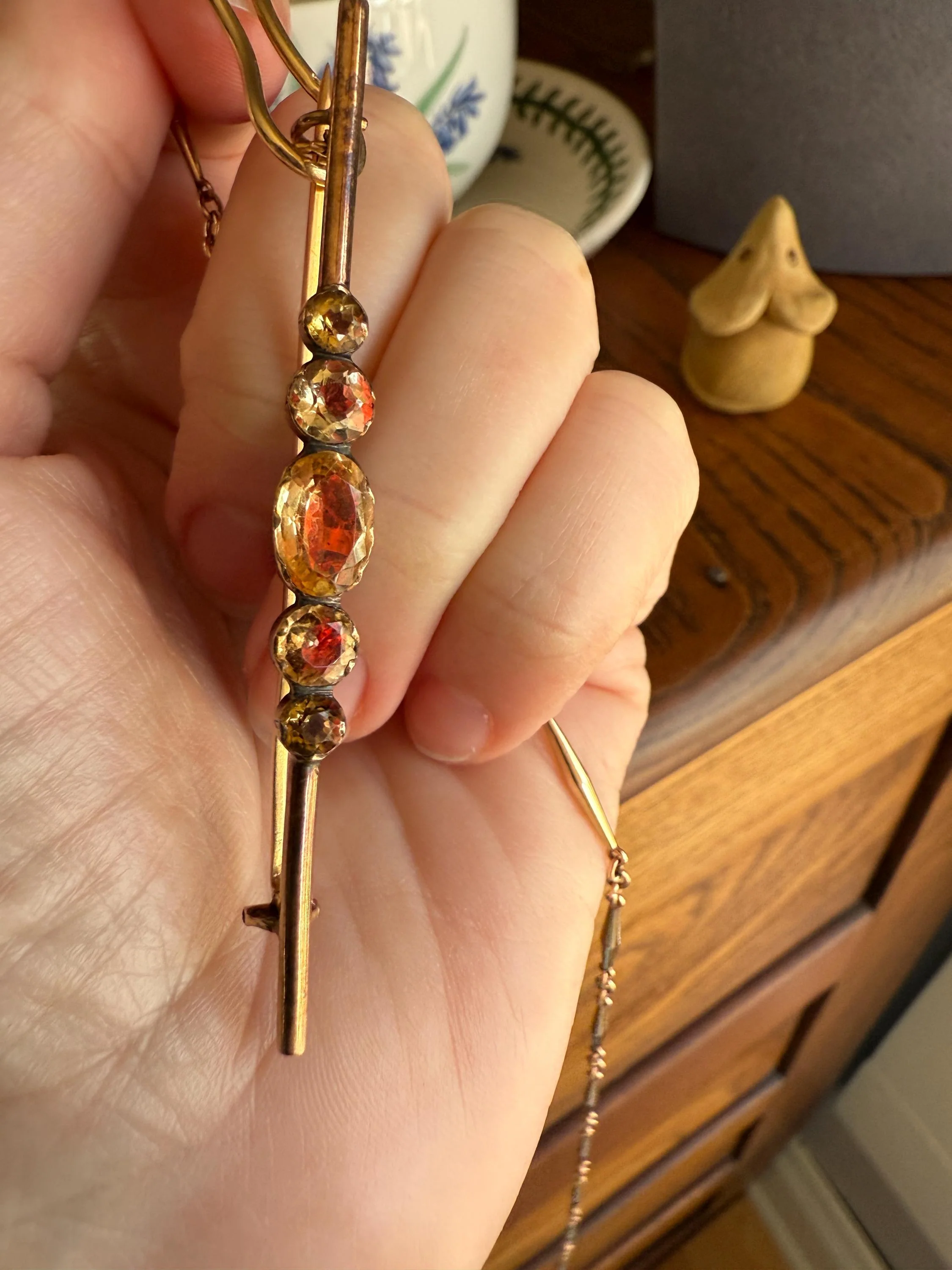 Antique Vinegar and Oil Foiled Citrine Five Stone Bar Line Brooch for Pendant Conversion Extender French Victorian 18k Gold Oval Geometric - Image 7