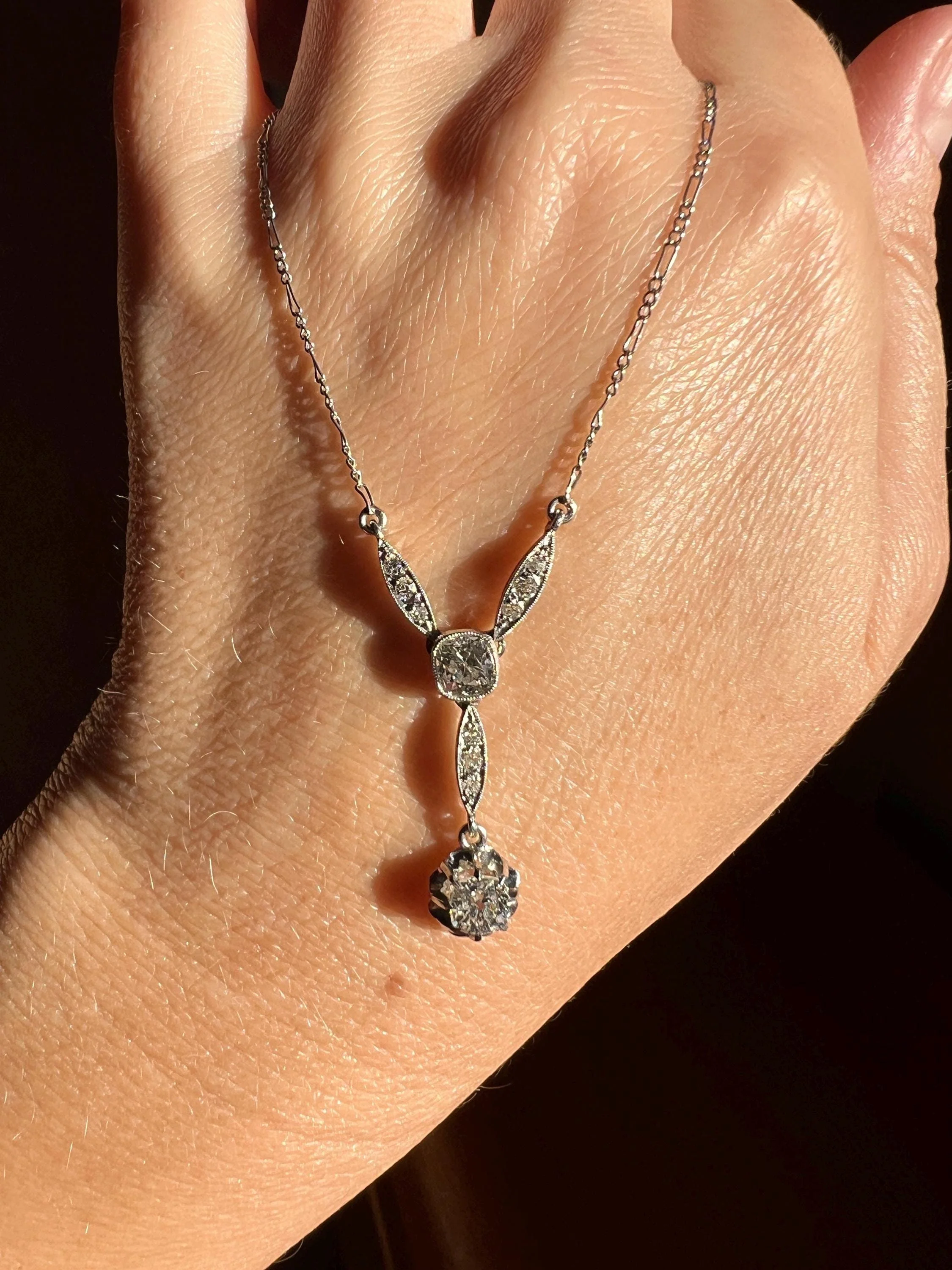 Art Deco 1.2 Carat Old Mine Cut DIAMOND French Antique 18k White Gold & Platinum Y Pendant on Chain Necklace - Image 11