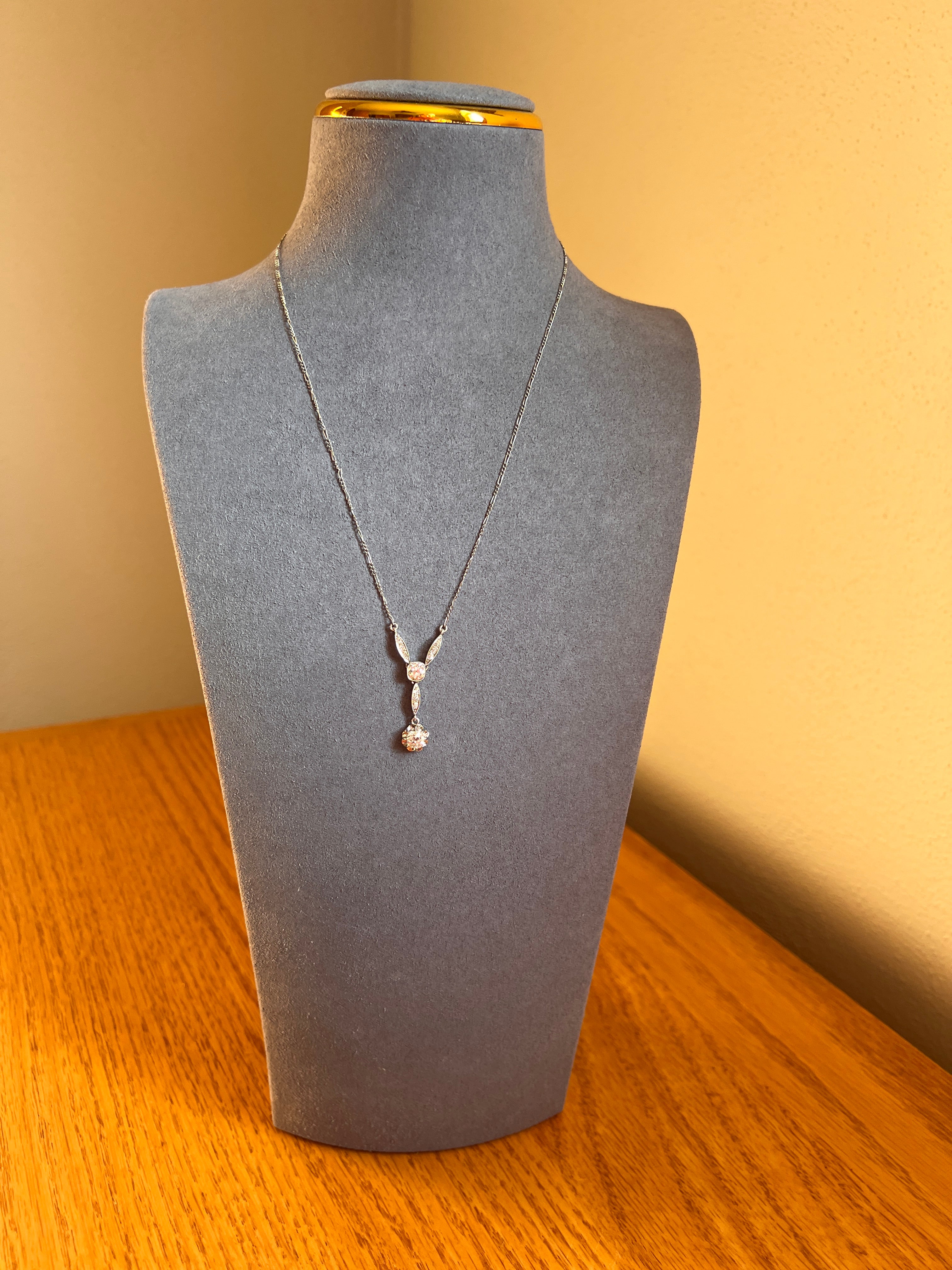 Art Deco 1.2 Carat Old Mine Cut DIAMOND French Antique 18k White Gold & Platinum Y Pendant on Chain Necklace - Image 13