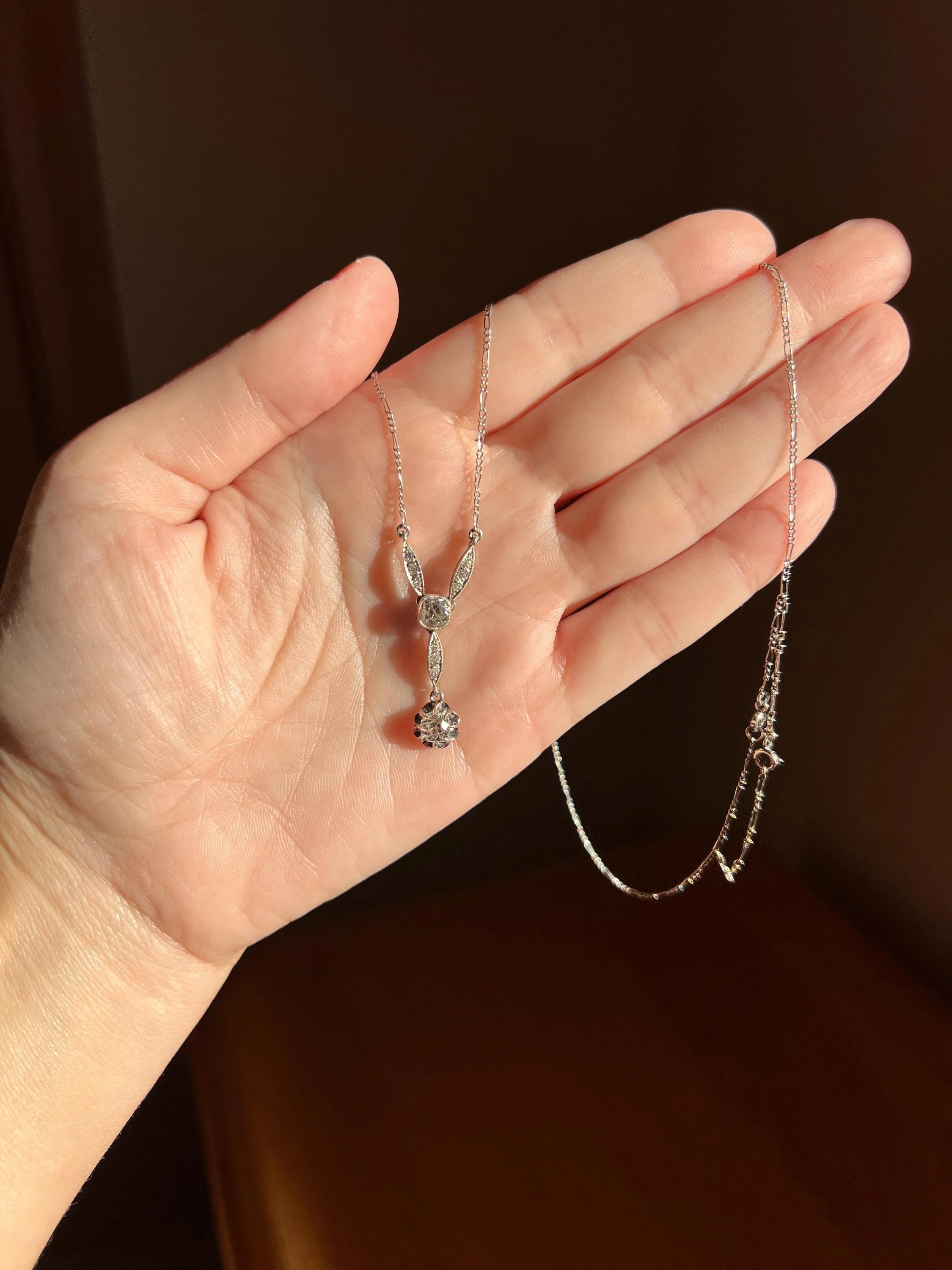 Art Deco 1.2 Carat Old Mine Cut DIAMOND French Antique 18k White Gold & Platinum Y Pendant on Chain Necklace - Image 3