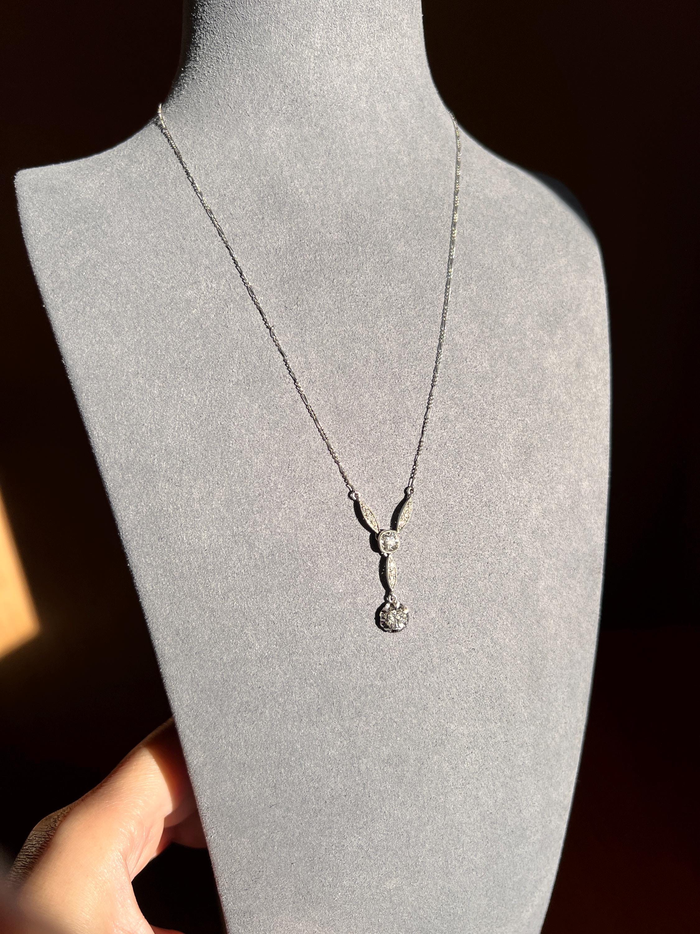 Art Deco 1.2 Carat Old Mine Cut DIAMOND French Antique 18k White Gold & Platinum Y Pendant on Chain Necklace - Image 4