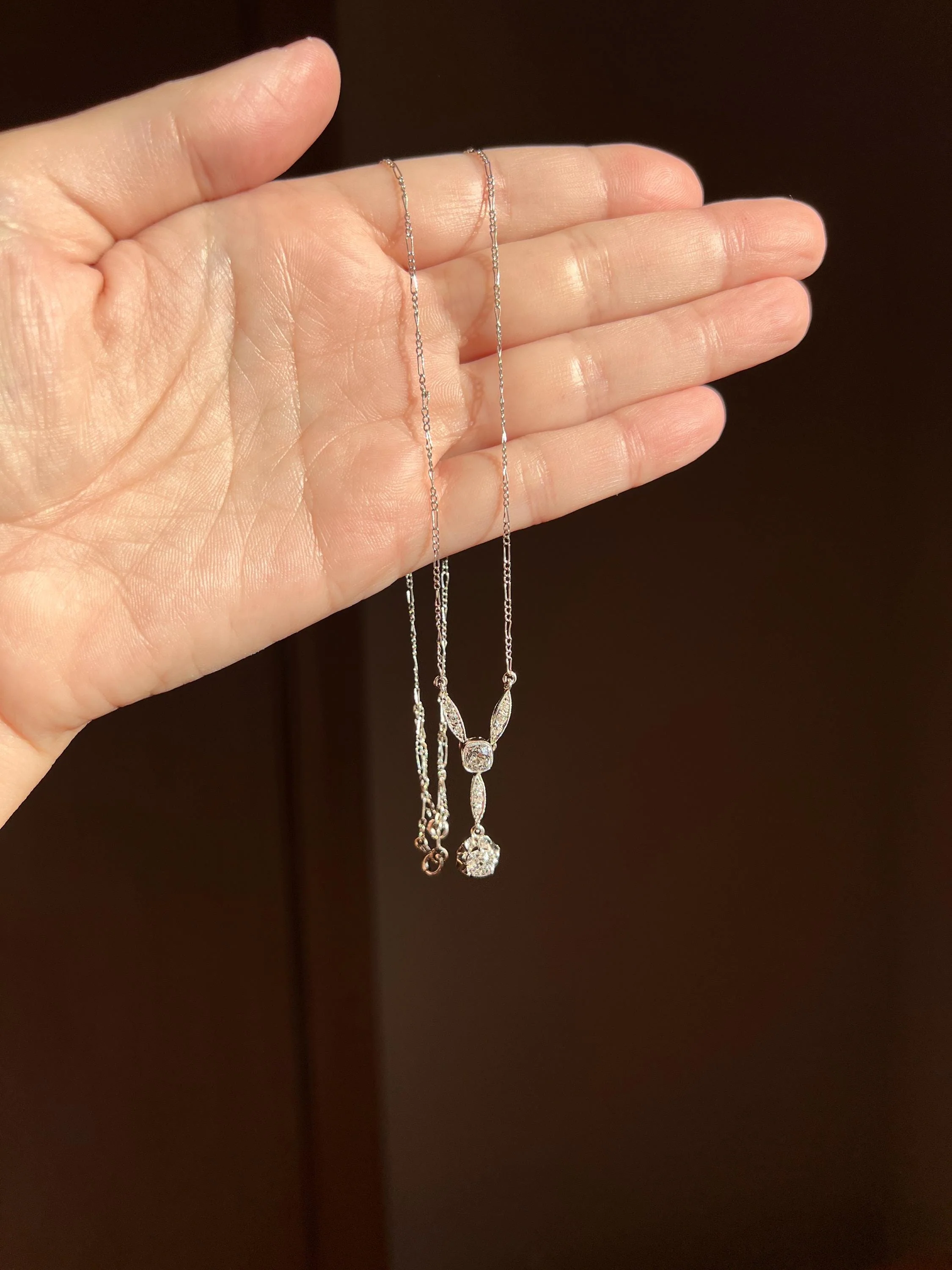 Art Deco 1.2 Carat Old Mine Cut DIAMOND French Antique 18k White Gold & Platinum Y Pendant on Chain Necklace - Image 5