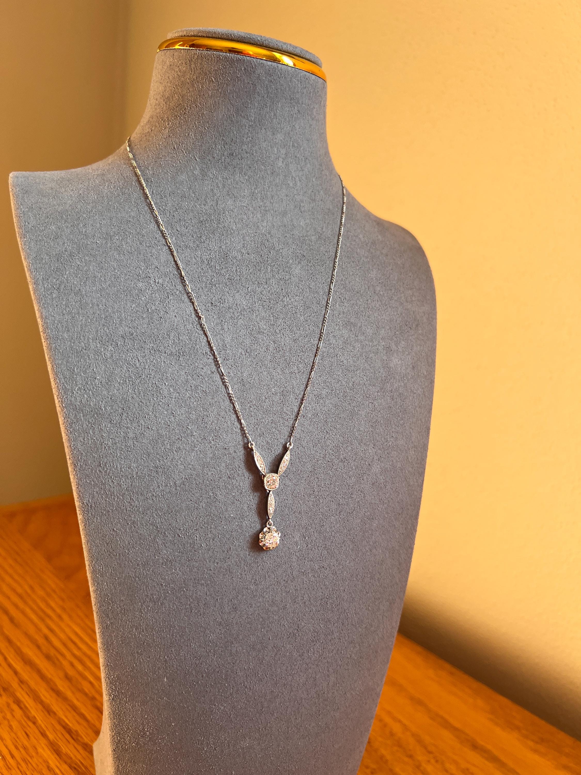 Art Deco 1.2 Carat Old Mine Cut DIAMOND French Antique 18k White Gold & Platinum Y Pendant on Chain Necklace - Image 8
