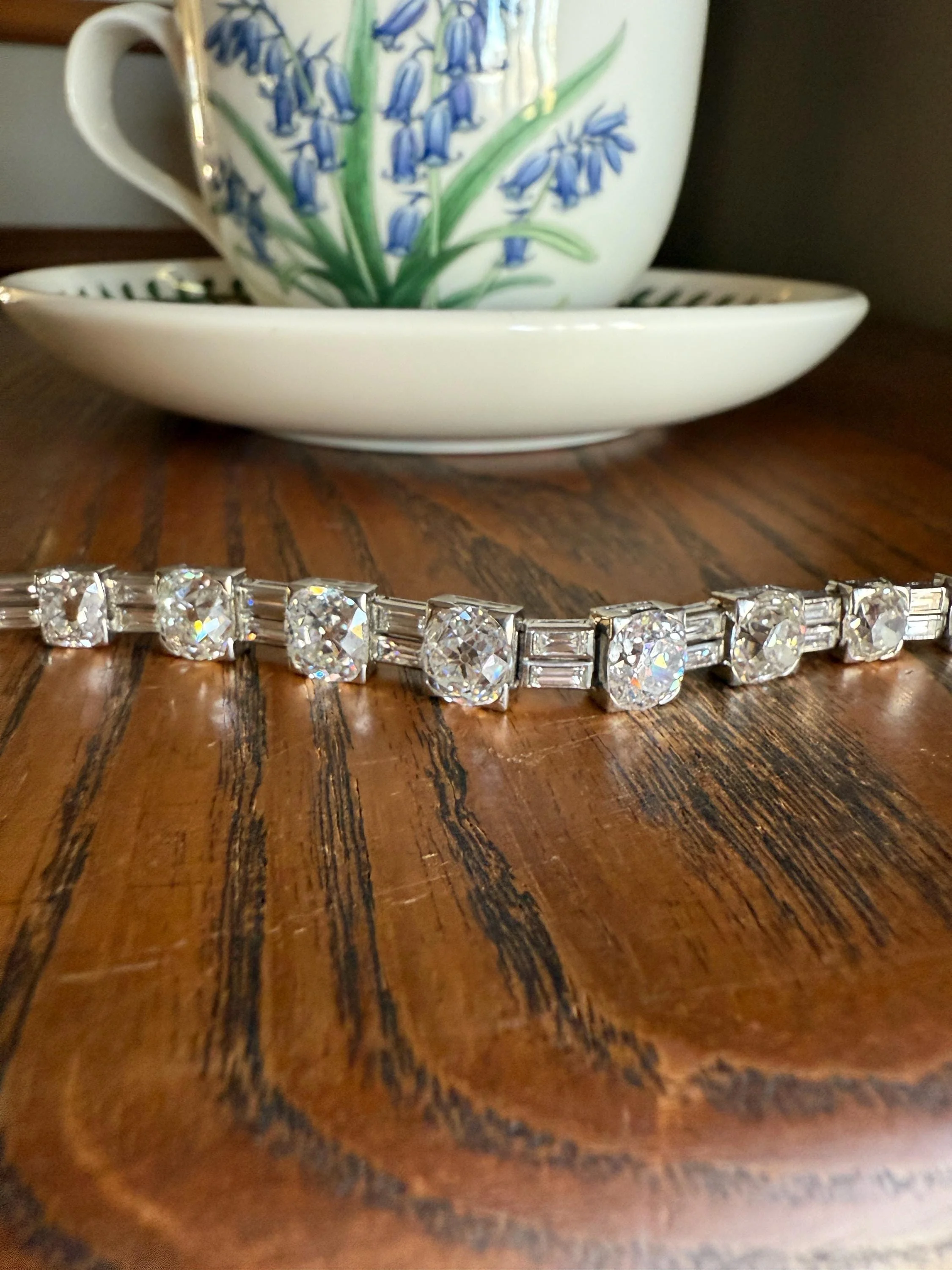 Art Deco 22 CARATS Old Mine Cut DIAMOND Baguette Spacers Tennis Line Bracelet Boxed French Antique 18k White Gold Wriststack OMC Eye Clean